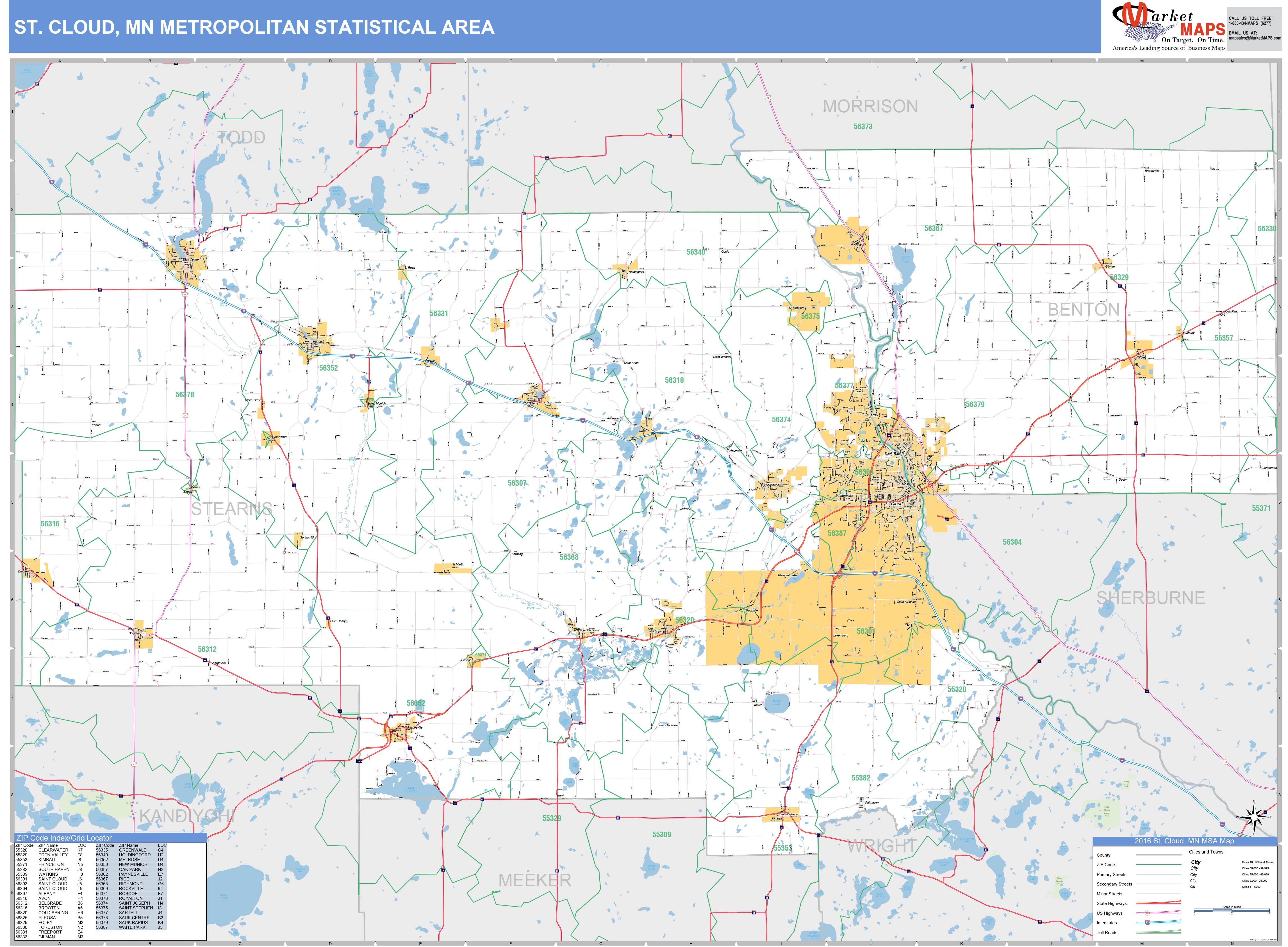 St. Cloud, MN Metro Area Wall Map Basic Style by MarketMAPS