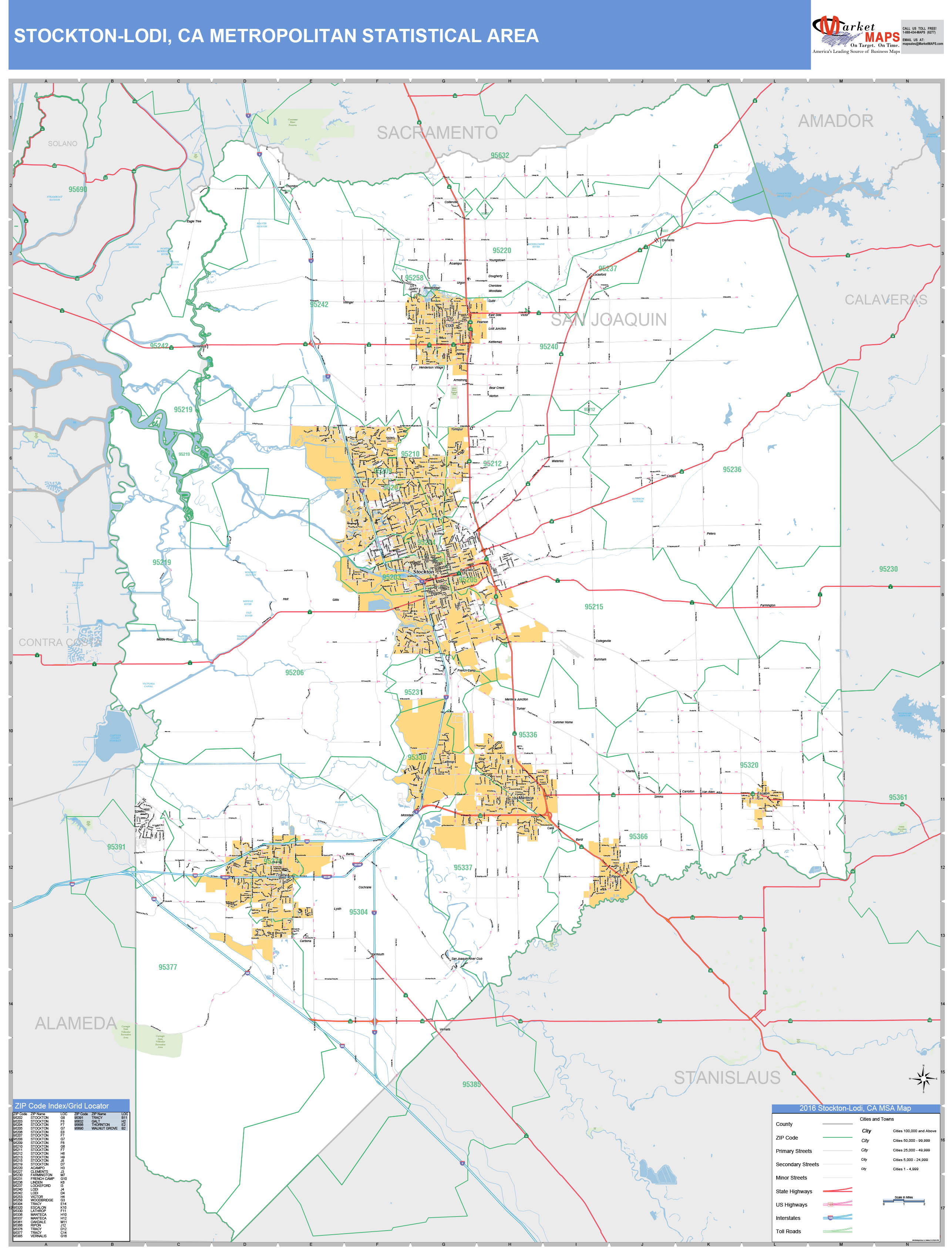 Stockton-Lodi, CA Metro Area Wall Map Basic Style by MarketMAPS - MapSales