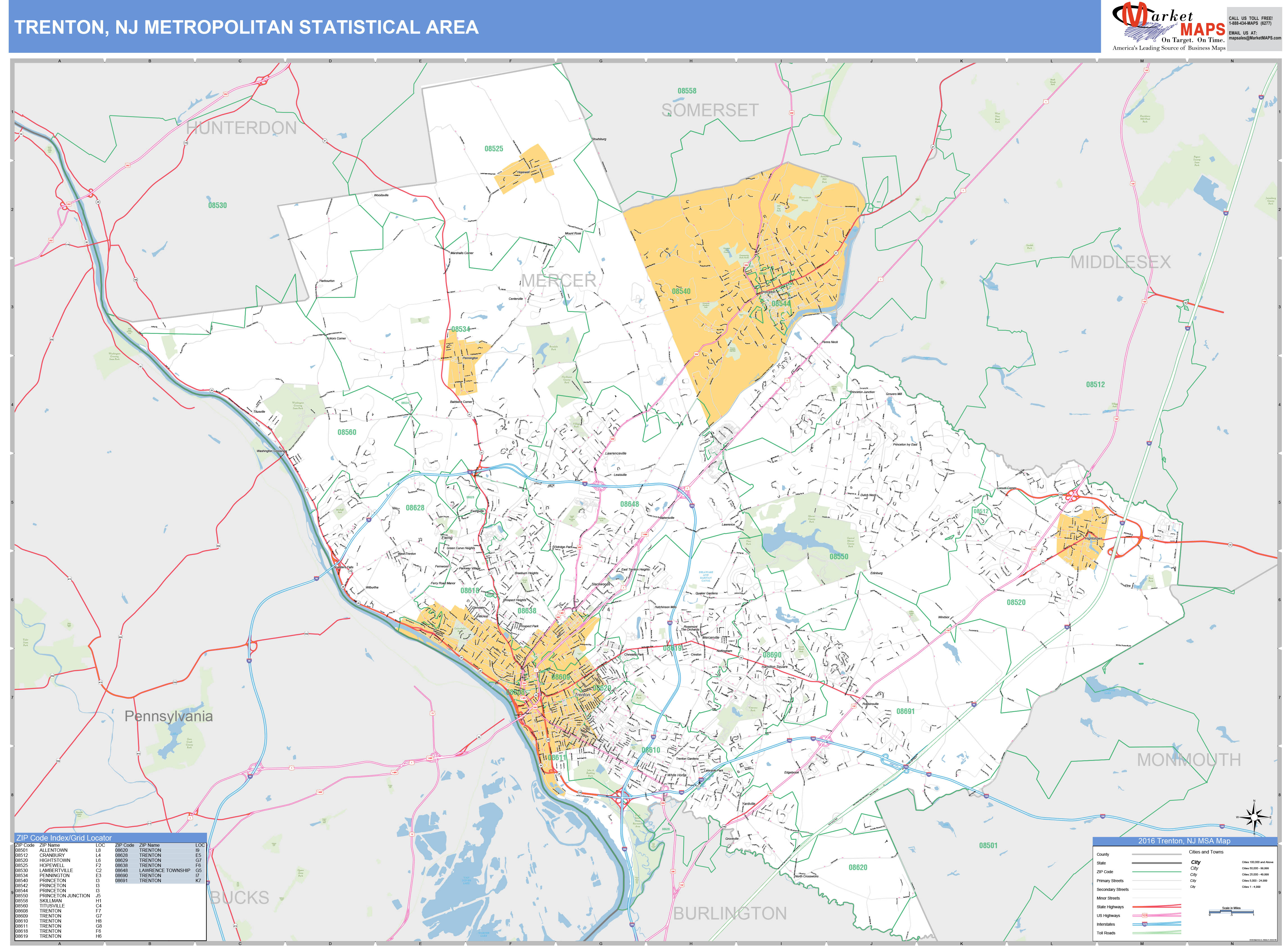 Trenton, NJ Metro Area Wall Map Basic Style by MarketMAPS - MapSales