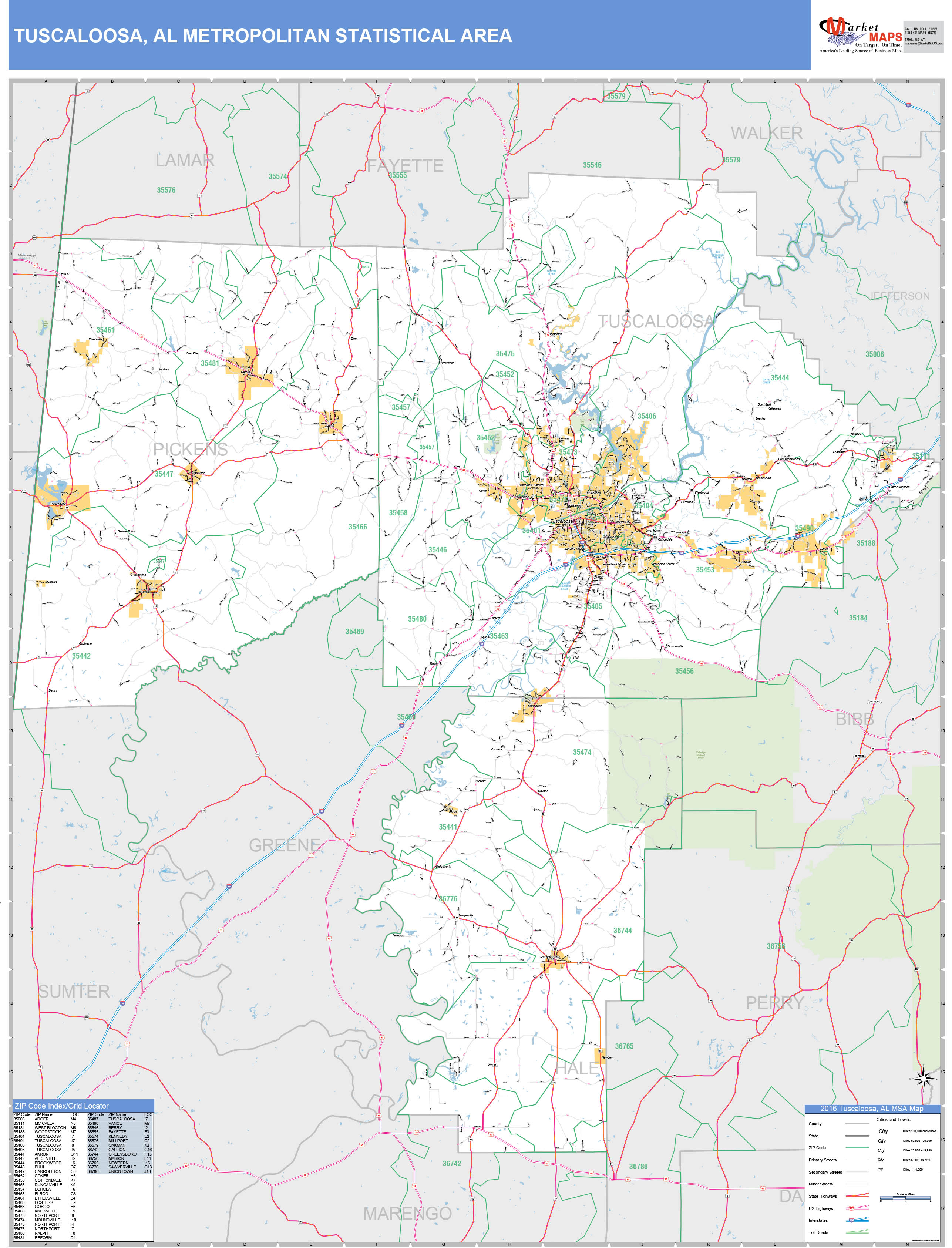 Tuscaloosa Al Metro Area Wall Map Basic Style By Marketmaps