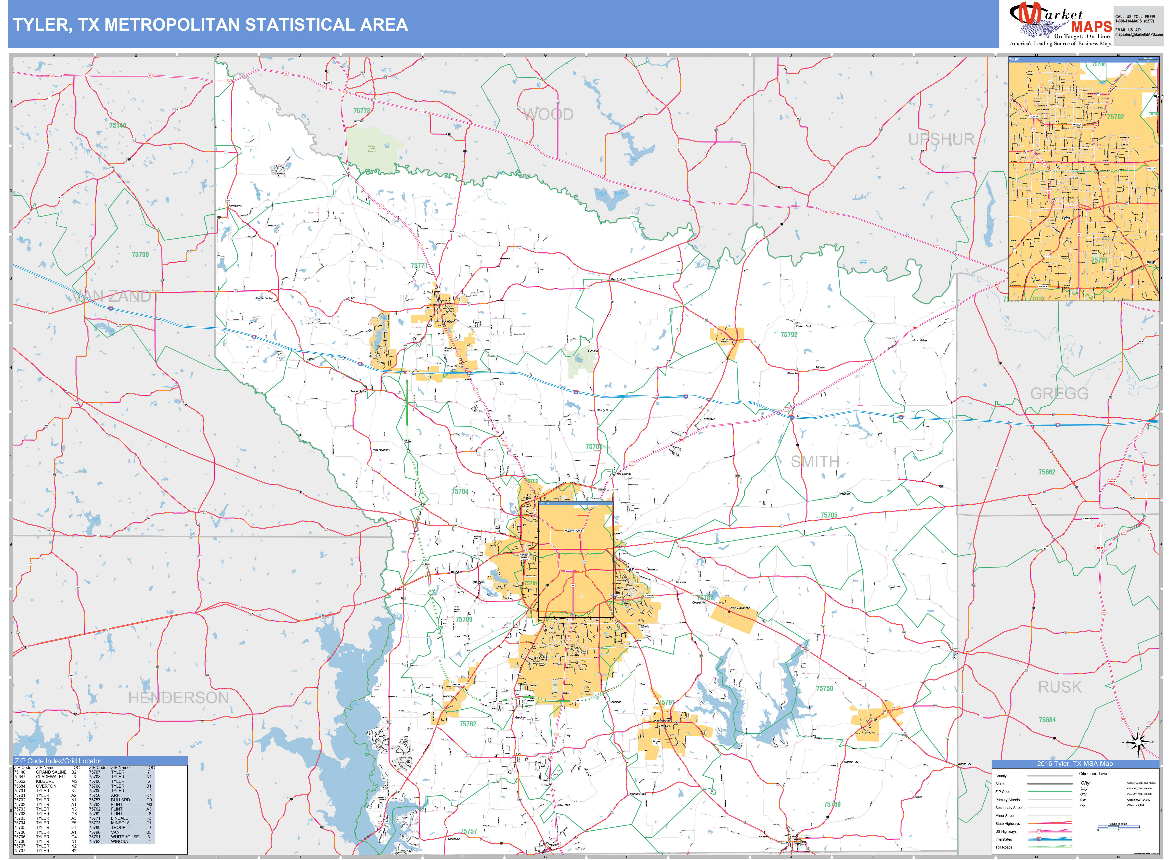 tyler-tx-metro-area-wall-map-basic-style-by-marketmaps-mapsales