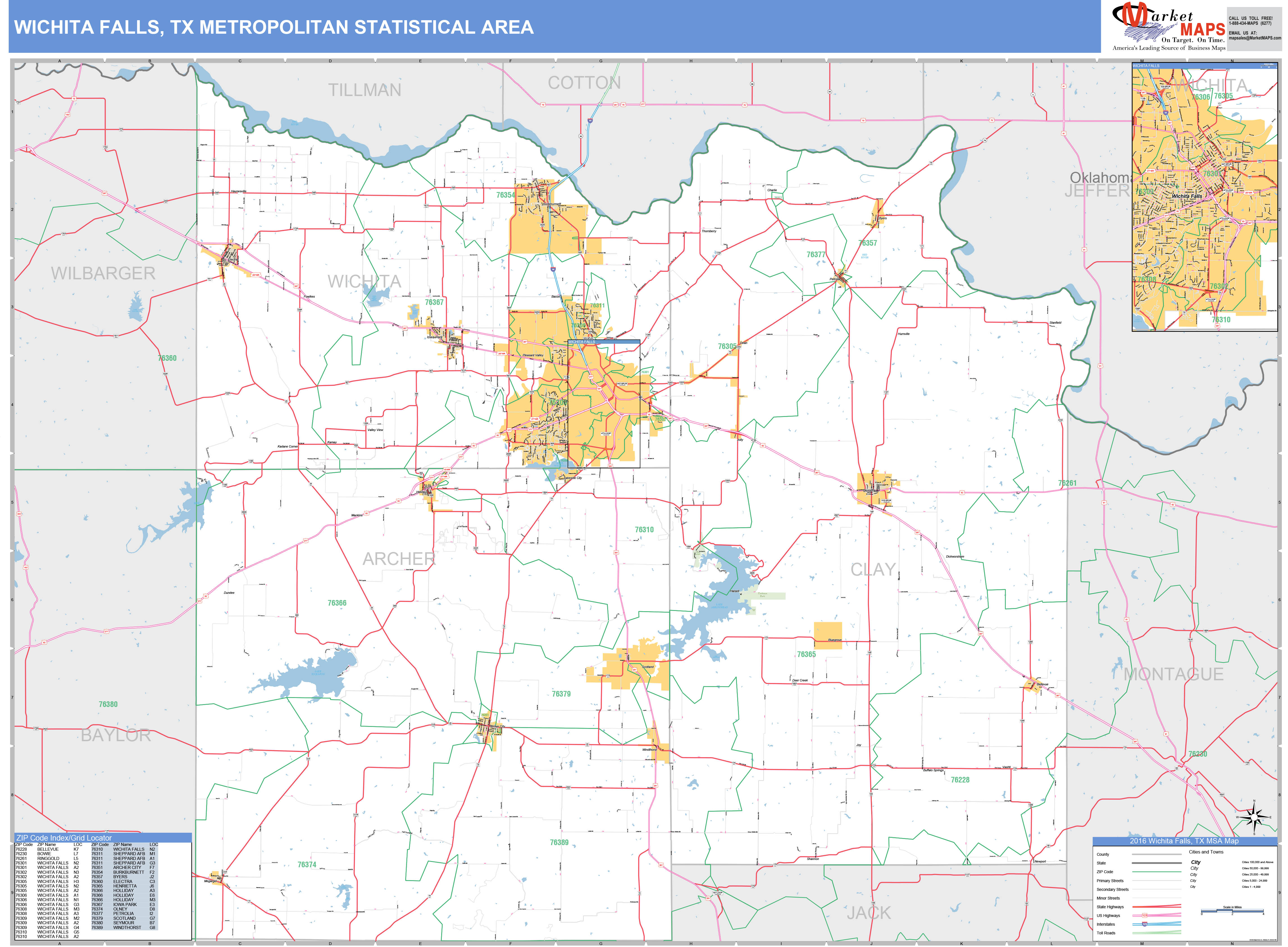 Wichita Falls, TX Metro Area Wall Map Basic Style by MarketMAPS