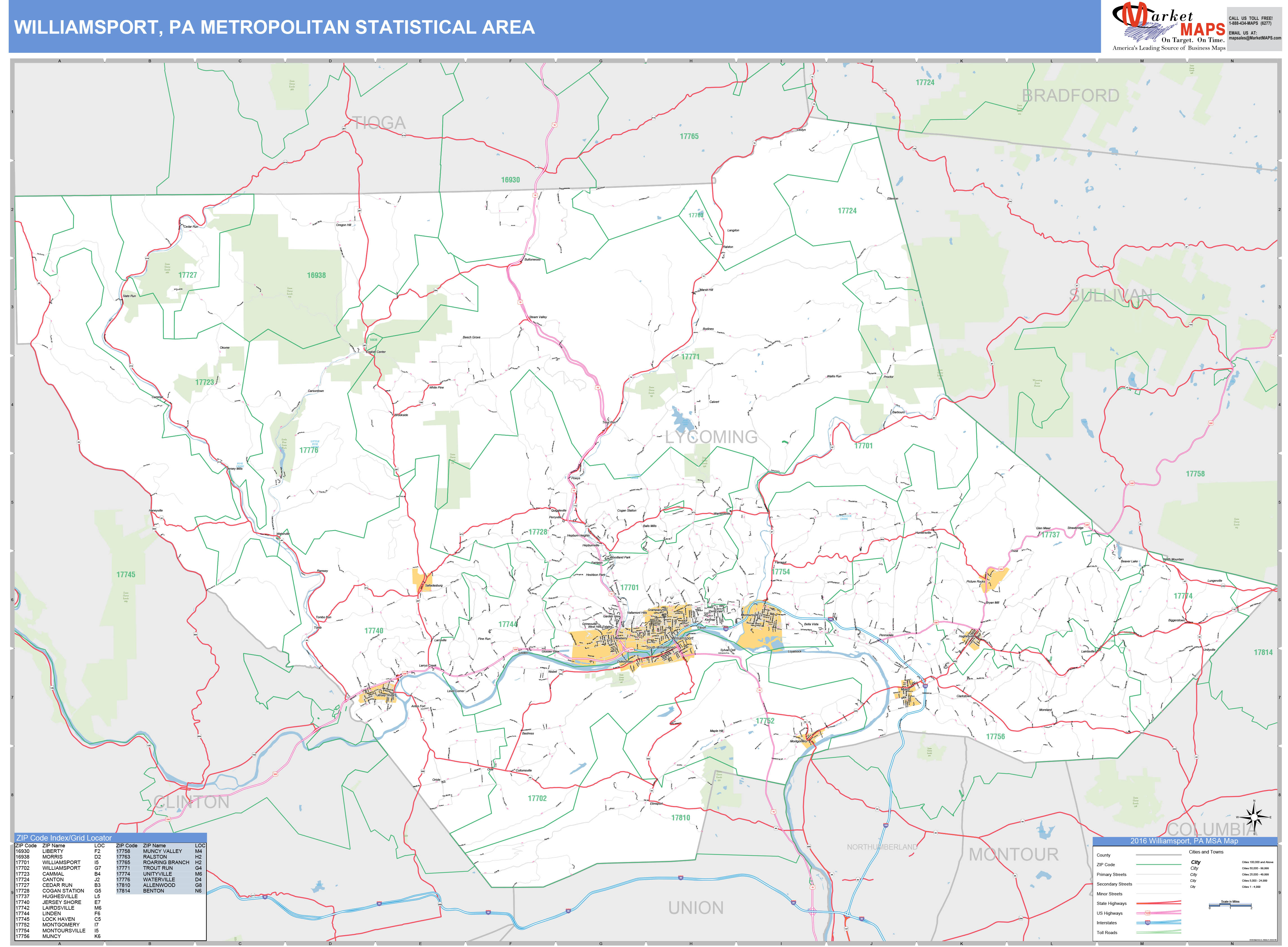 Williamsport, PA Metro Area Wall Map Basic Style by MarketMAPS