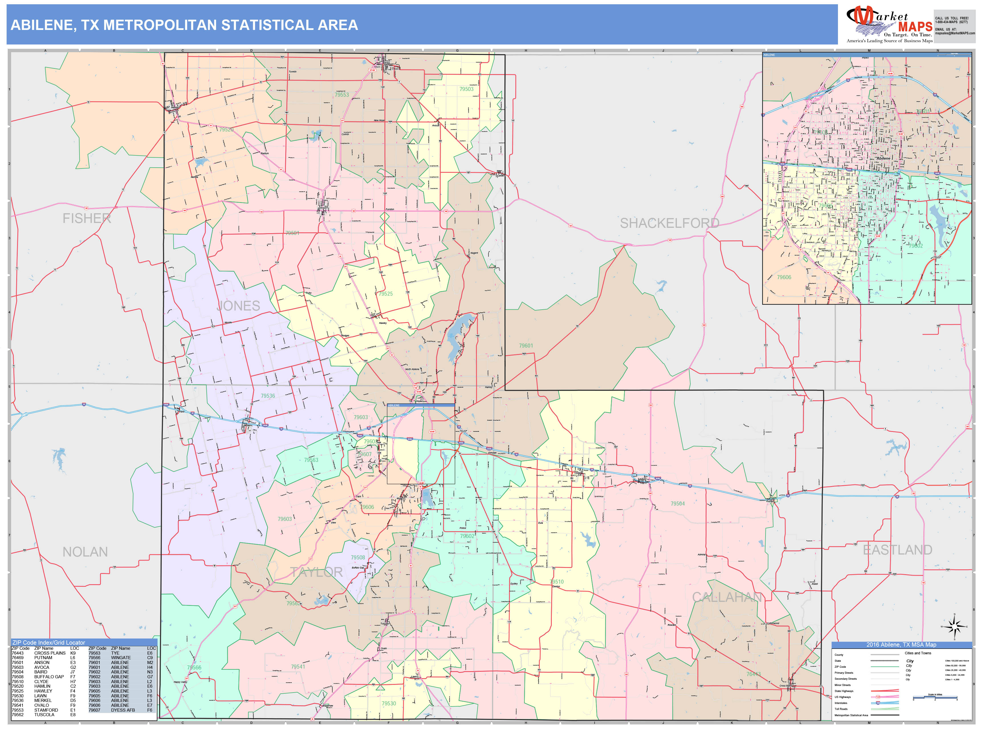 Abilene, TX Metro Area Wall Map Color Cast Style by MarketMAPS MapSales