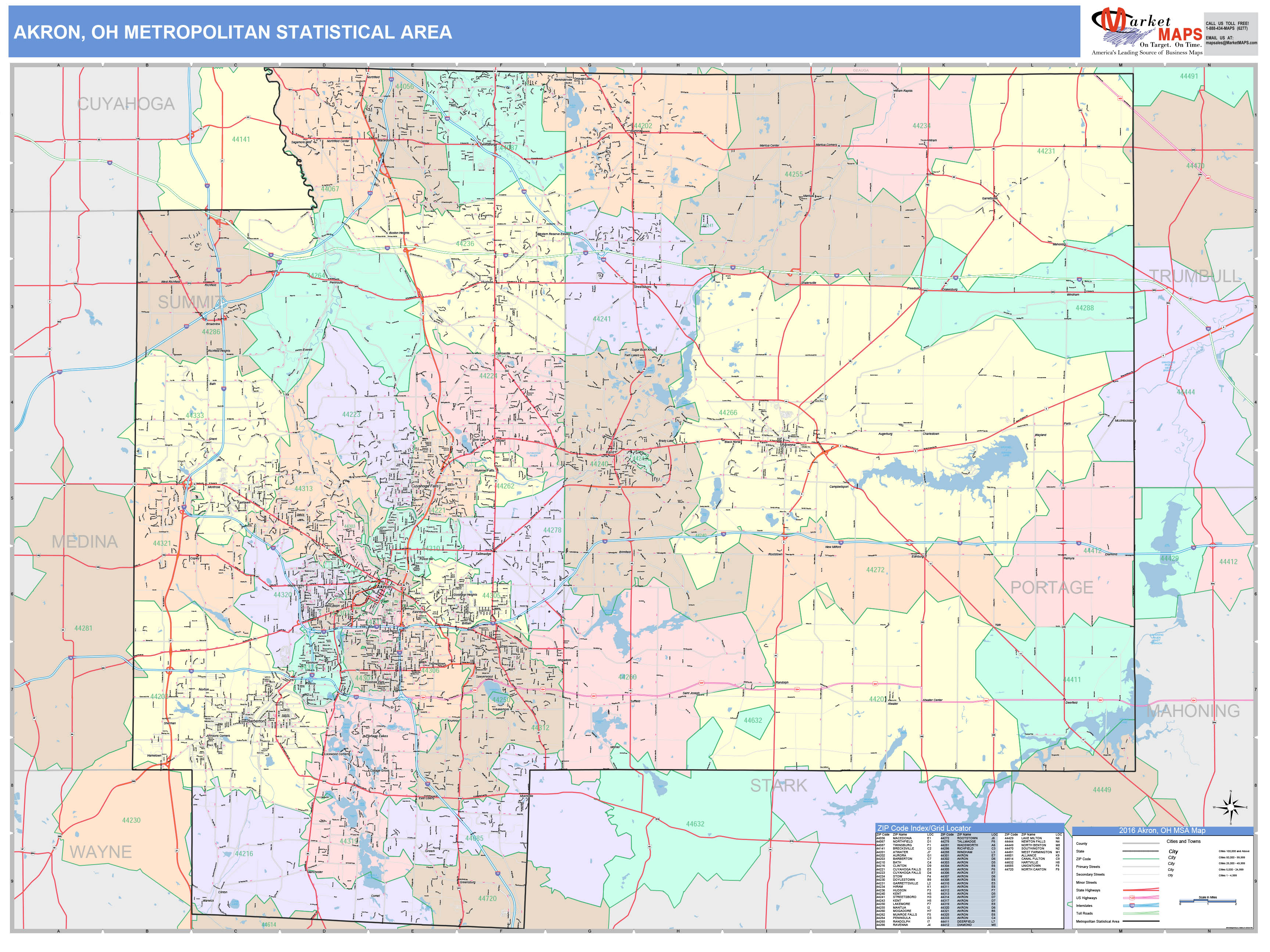 Akron, OH Metro Area Wall Map Color Cast Style by MarketMAPS - MapSales