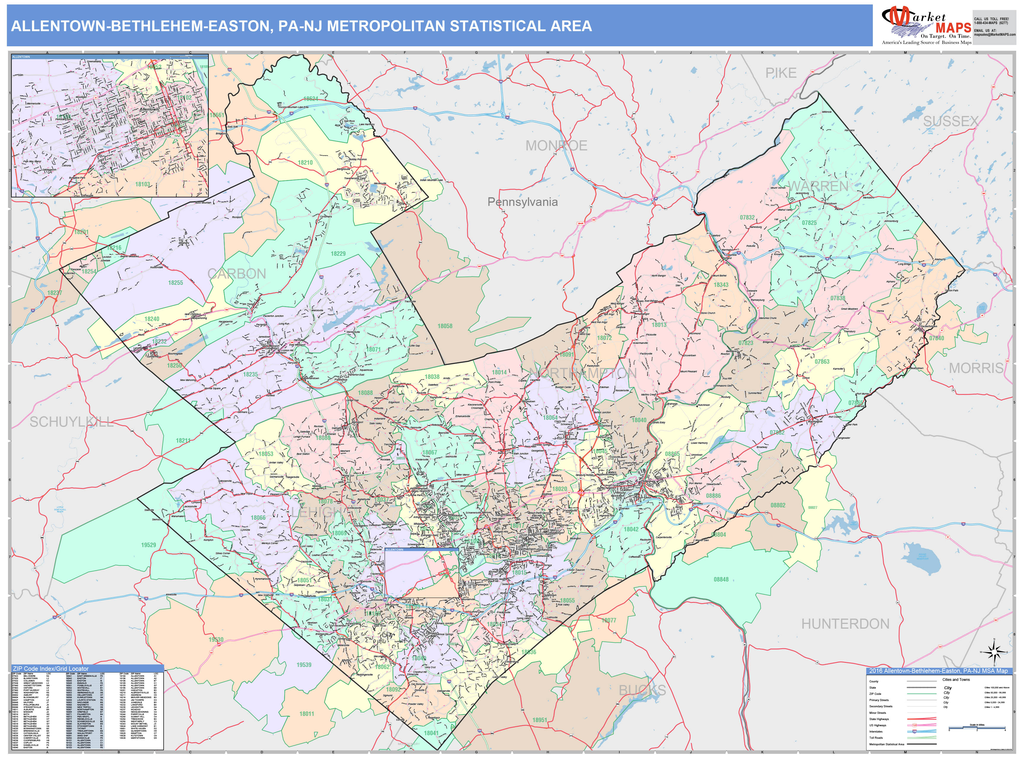 Allentown-Bethlehem-Easton, PA Metro Area Wall Map Color Cast Style by ...