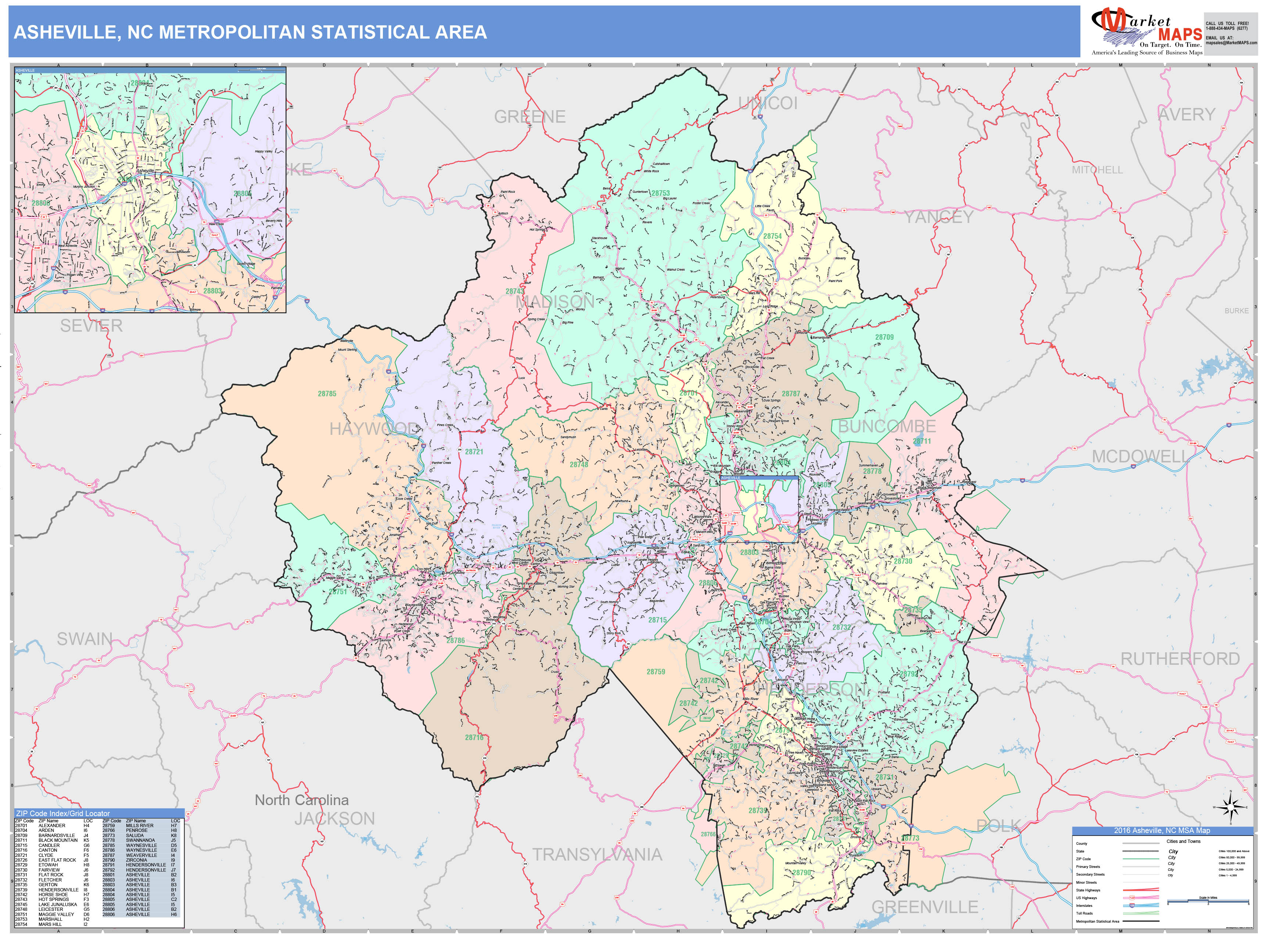 Asheville, NC Metro Area Wall Map Color Cast Style by MarketMAPS ...