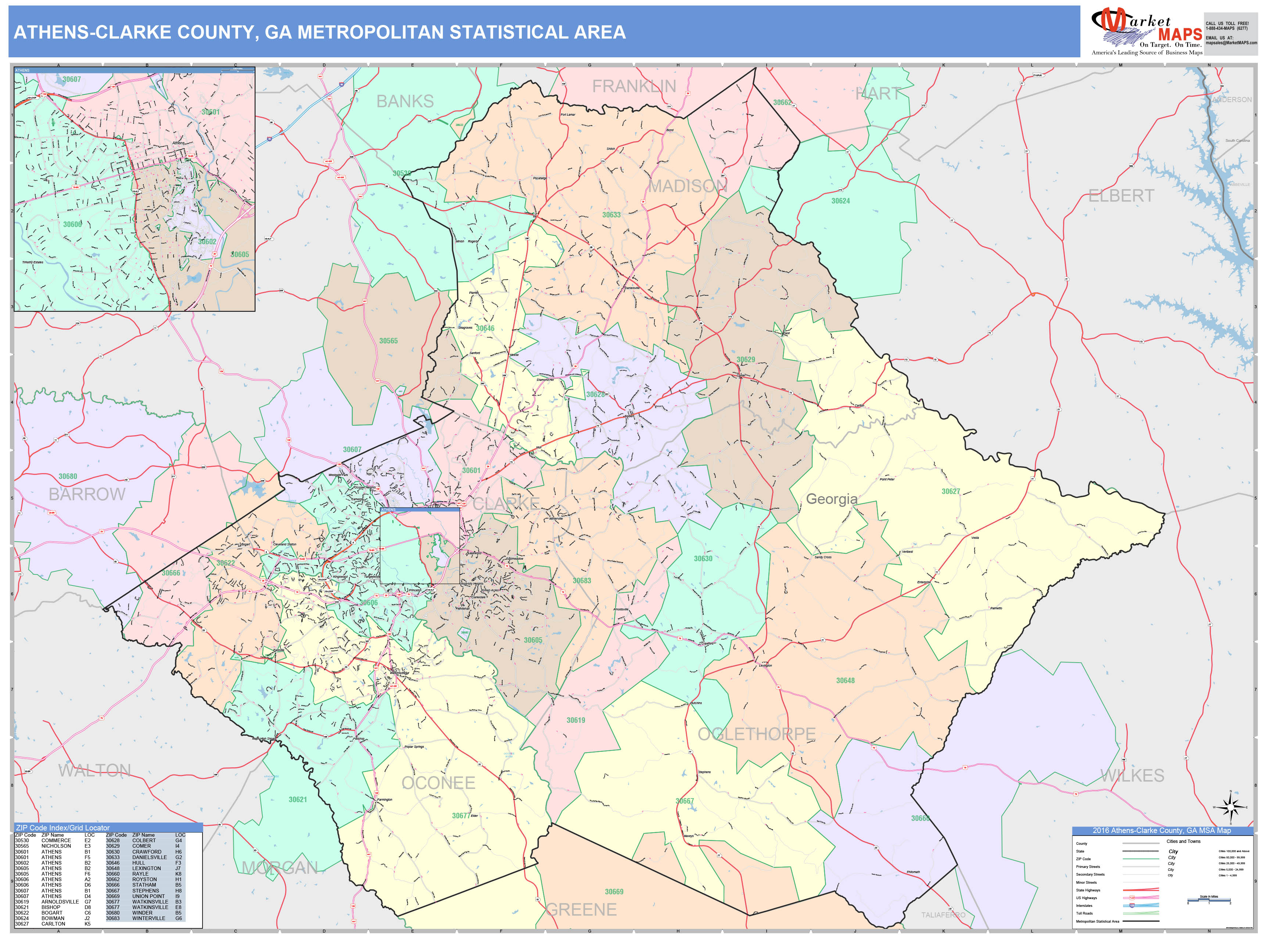 Athens Clarke County GA Metro Area Wall Map Color Cast Style by MarketMAPS
