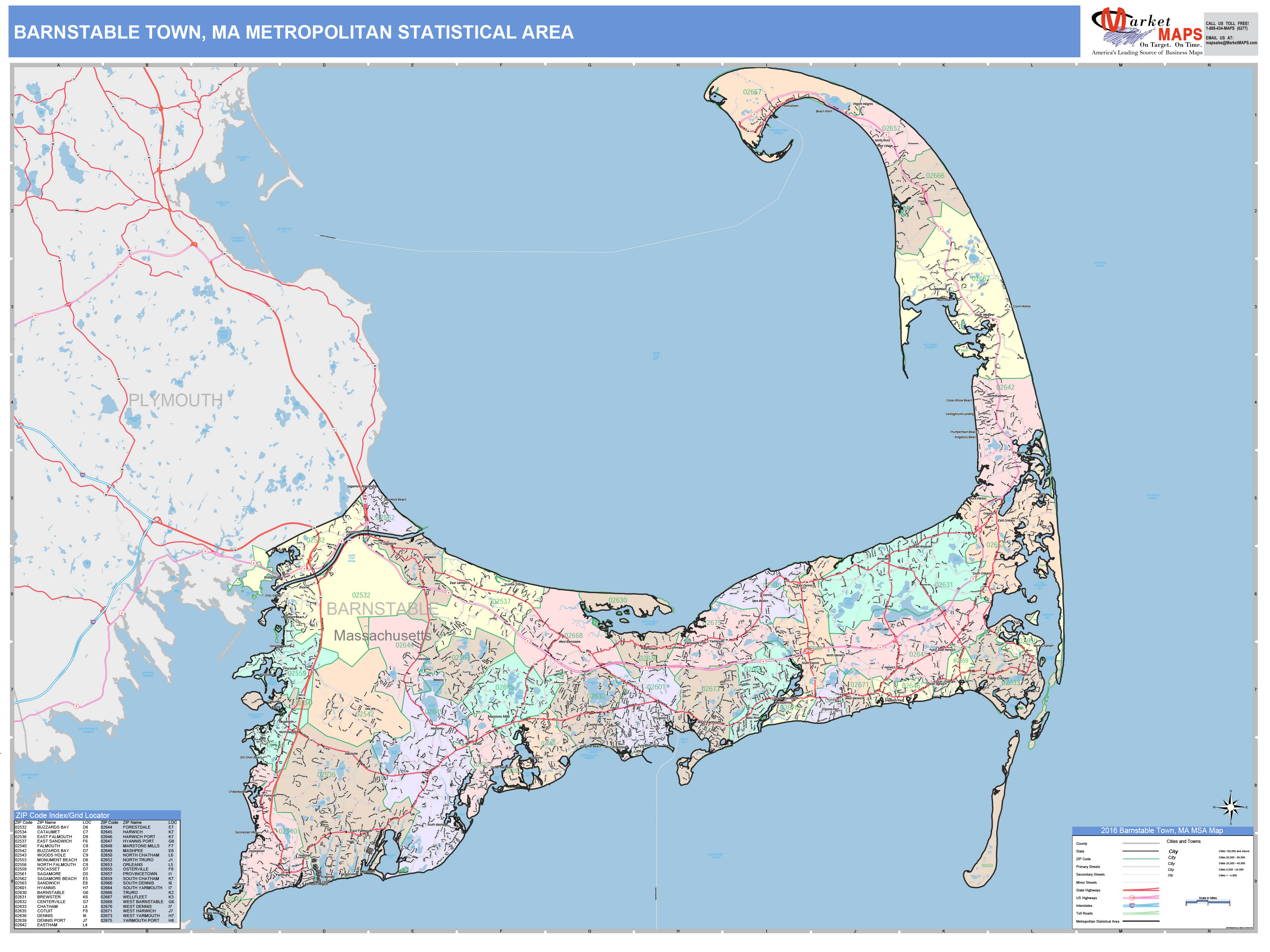 Barnstable Town, MA Metro Area Wall Map Color Cast Style by MarketMAPS