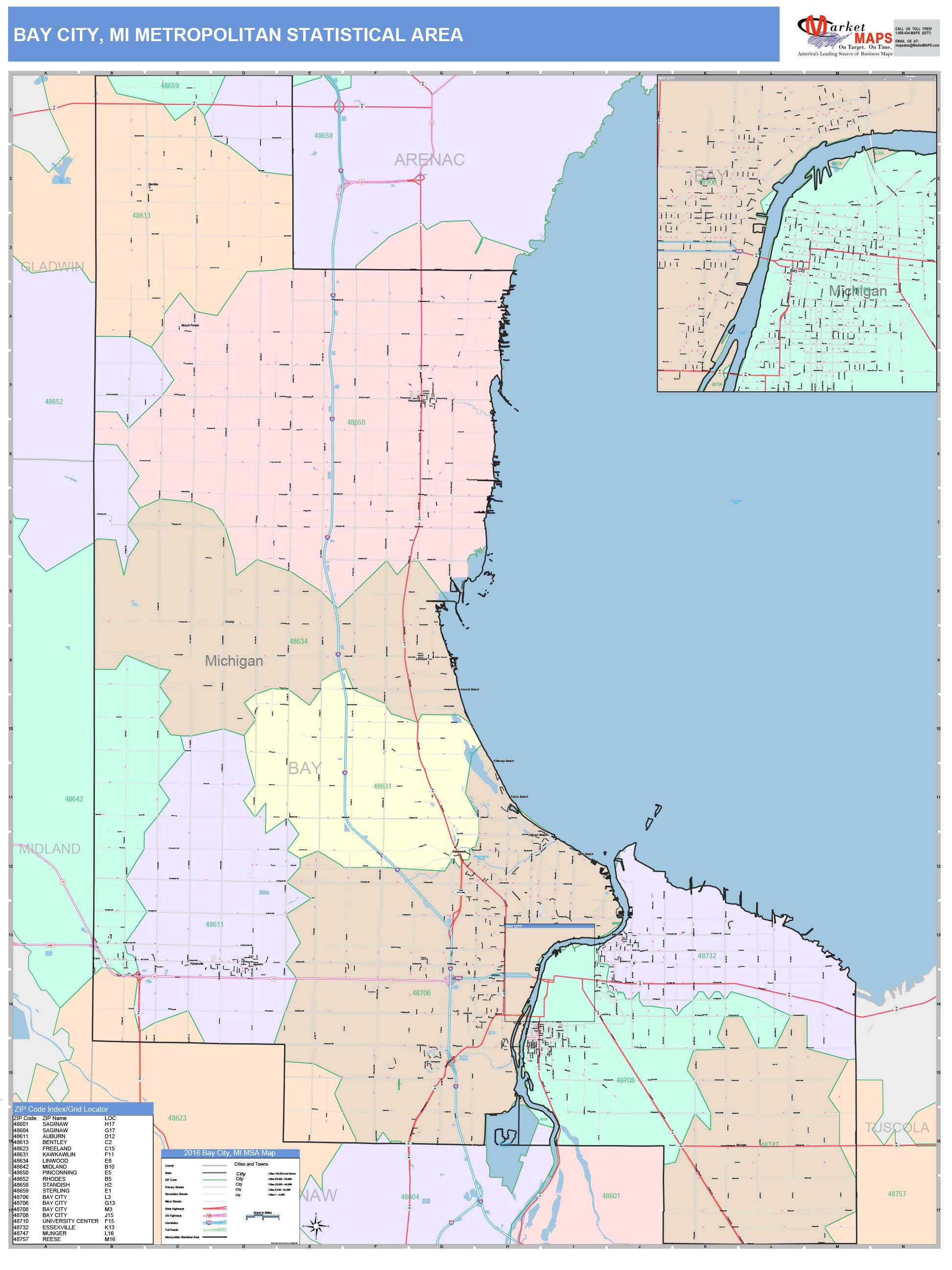 Bay City, MI Metro Area Wall Map Color Cast Style by MarketMAPS ...