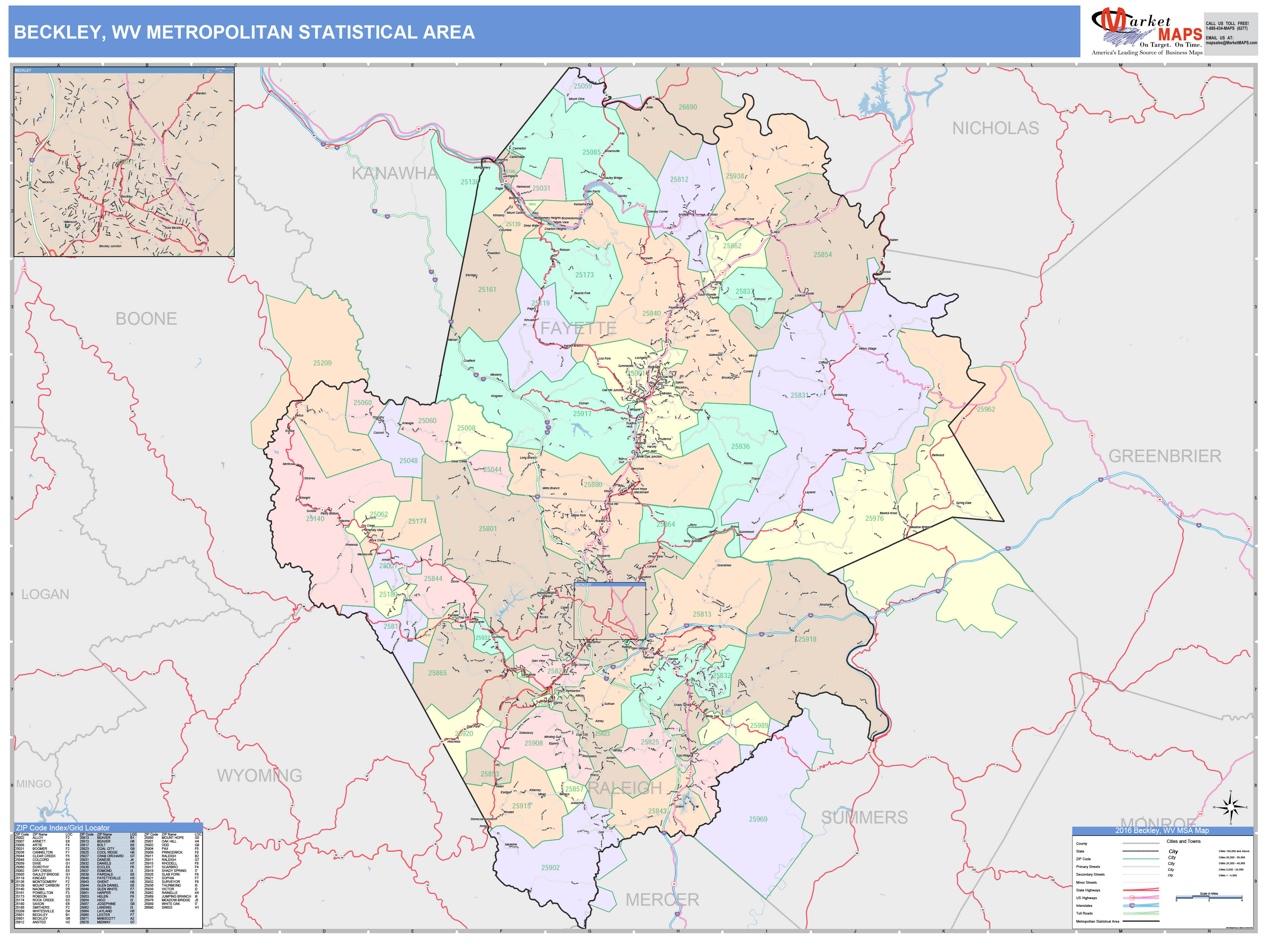 Beckley, WV Metro Area Wall Map Color Cast Style by MarketMAPS ...