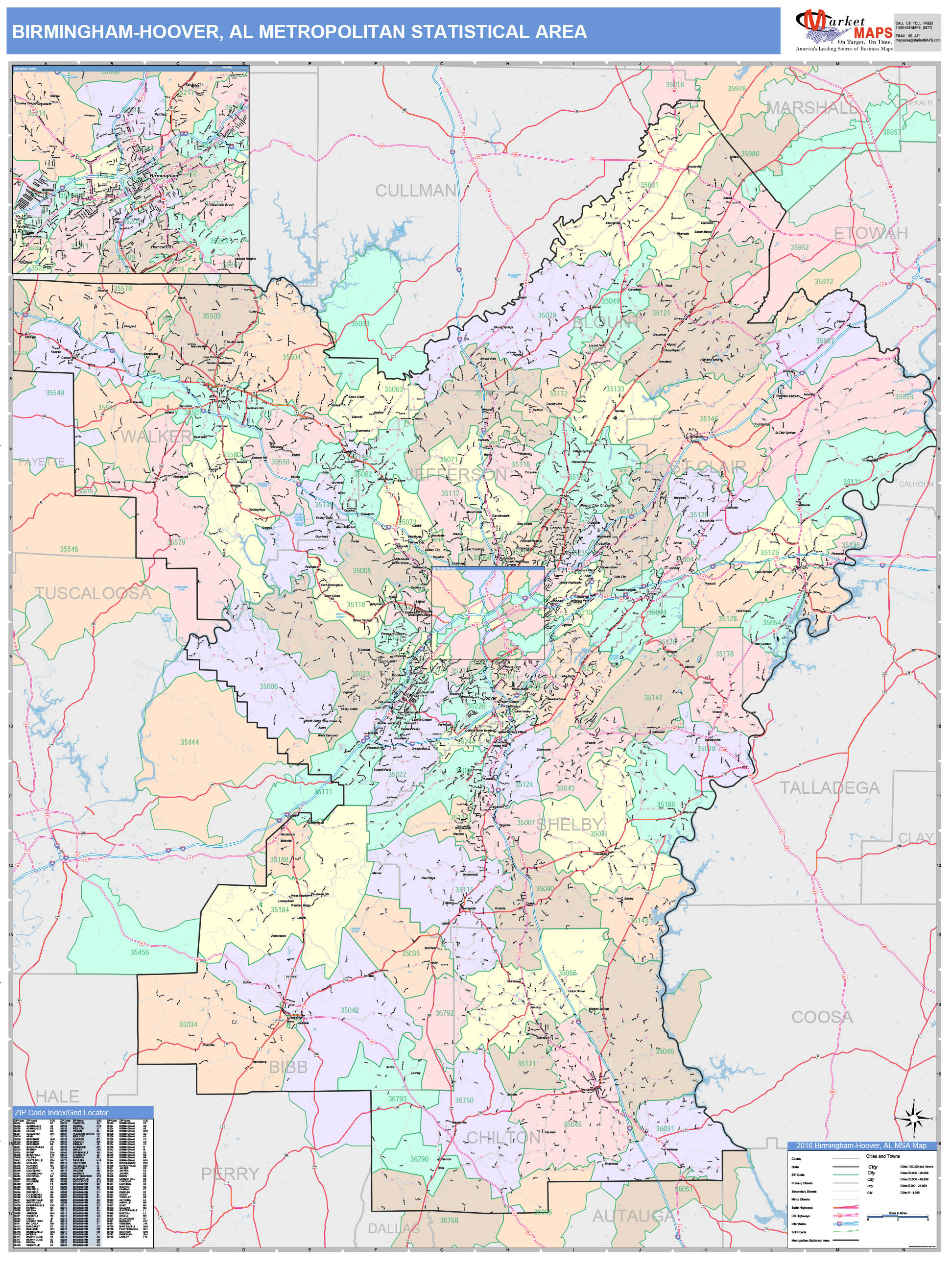 Birmingham-Hoover, AL Metro Area Wall Map Color Cast Style by MarketMAPS