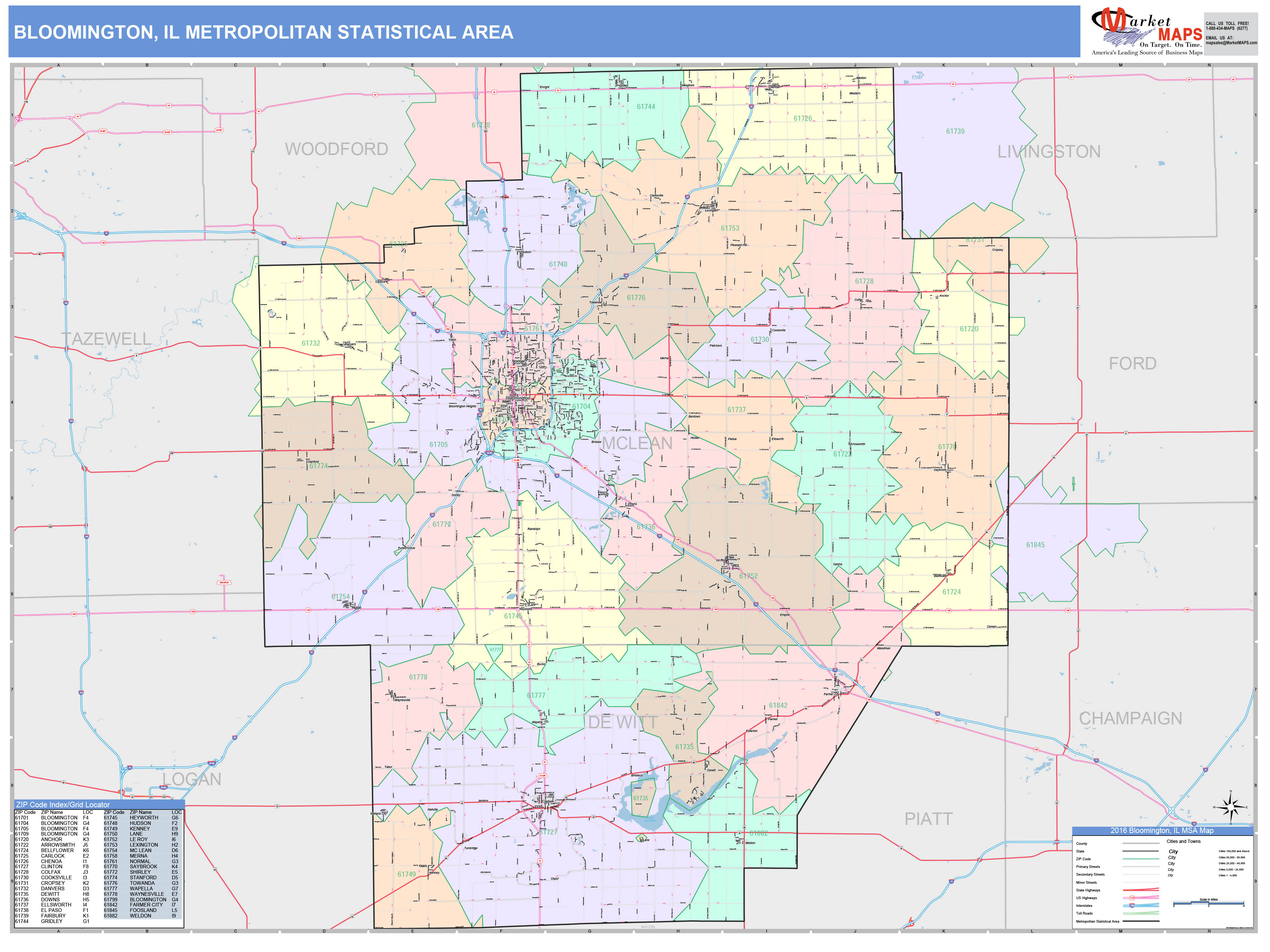 Bloomington, IL Metro Area Wall Map Color Cast Style by MarketMAPS ...