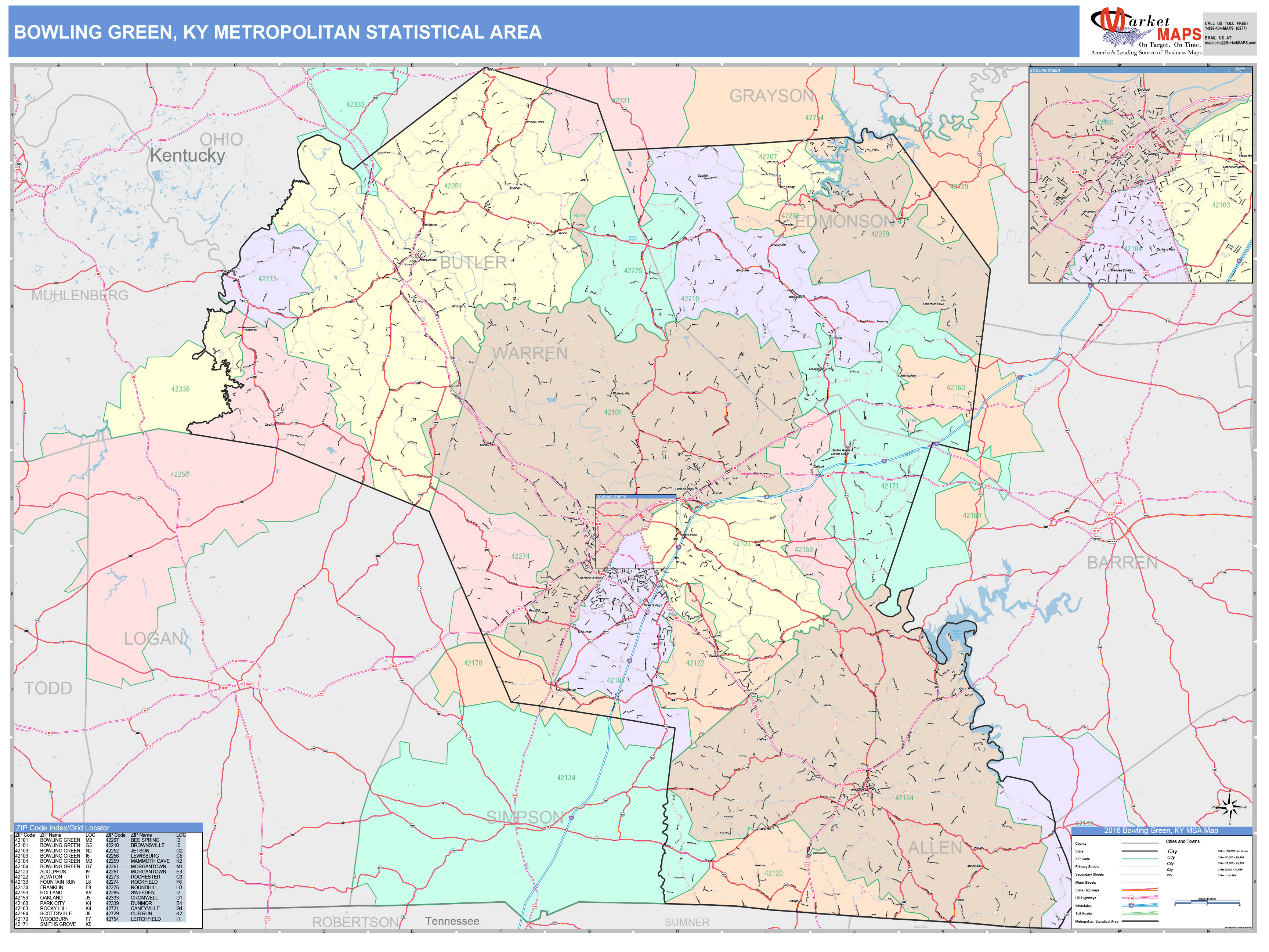 Bowling Green, KY Metro Area Wall Map Color Cast Style by MarketMAPS