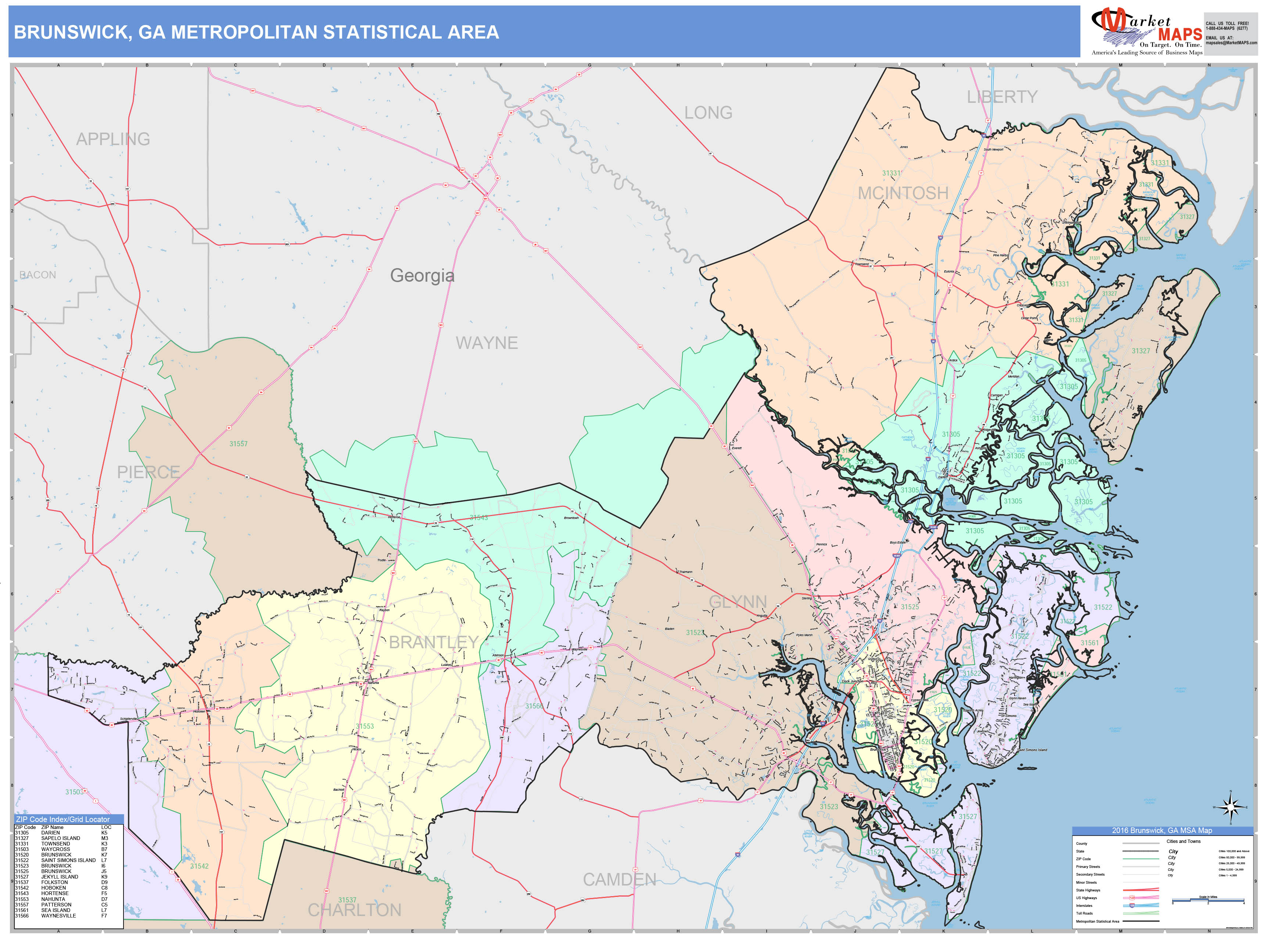 Brunswick, GA Metro Area Wall Map Color Cast Style by MarketMAPS ...