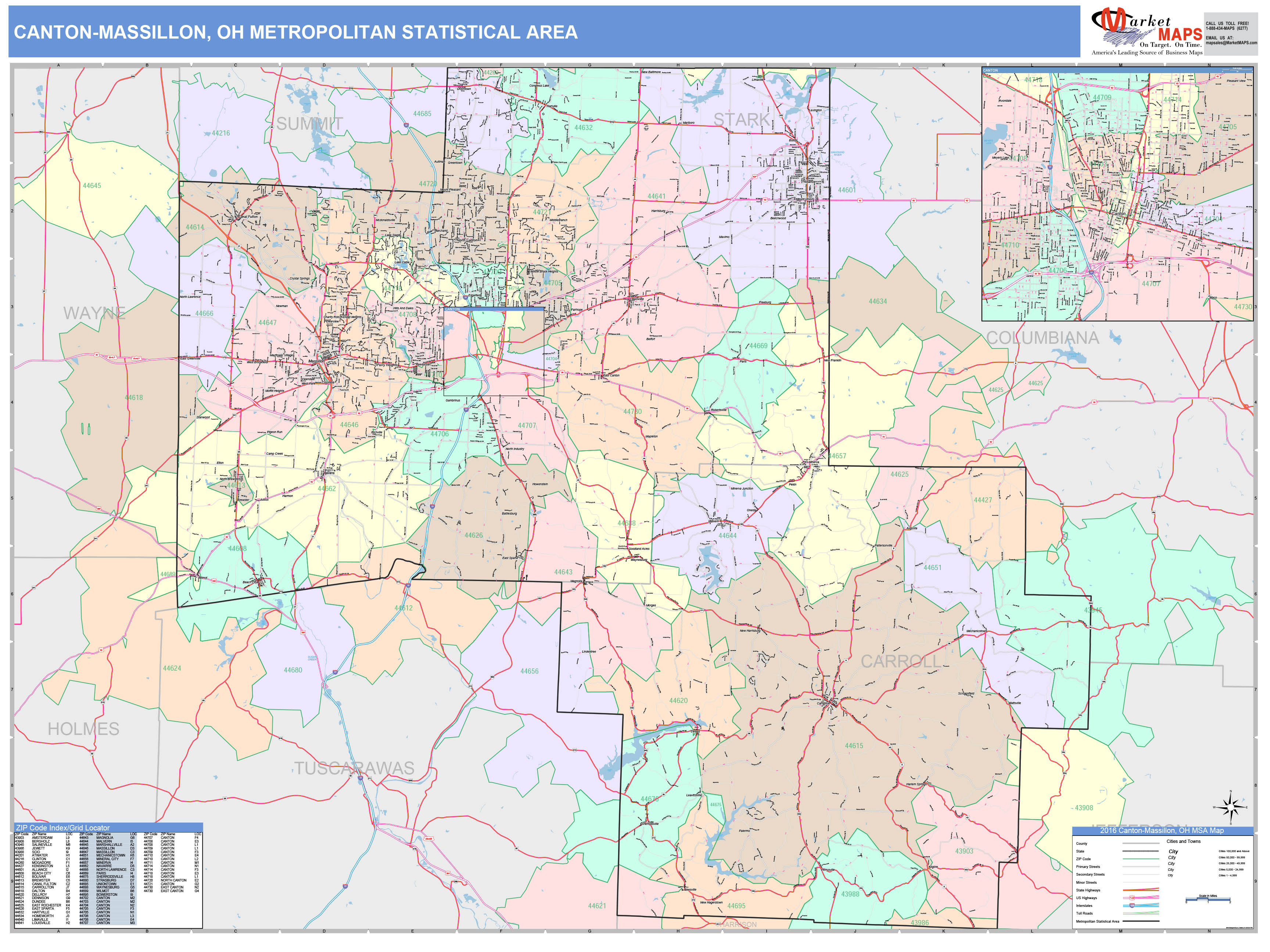 Canton-Massillon, OH Metro Area Wall Map Color Cast Style by MarketMAPS