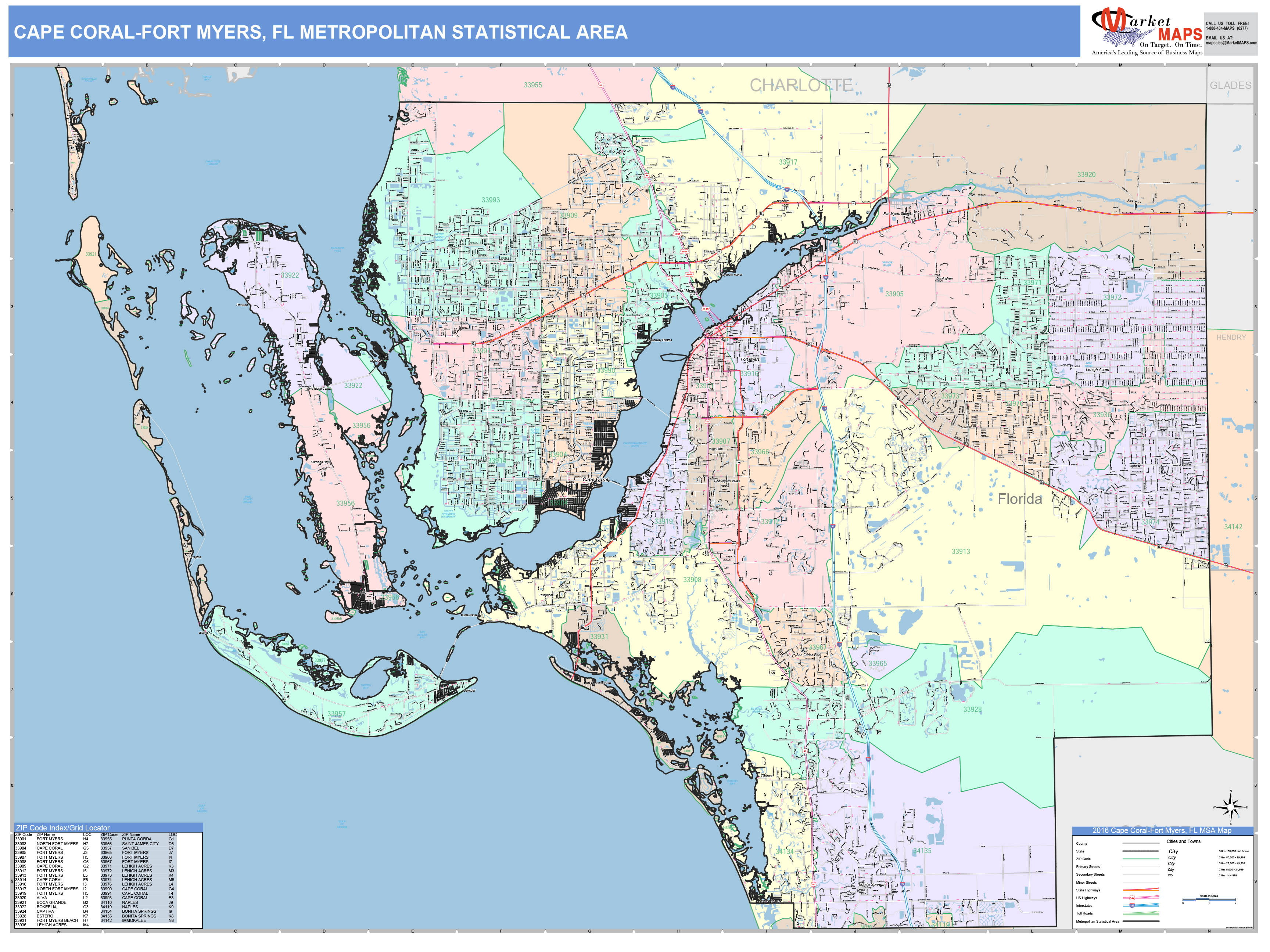 Cape Coral Fort Myers Fl Metro Area Wall Map Color Cast Style By Marketmaps 8126