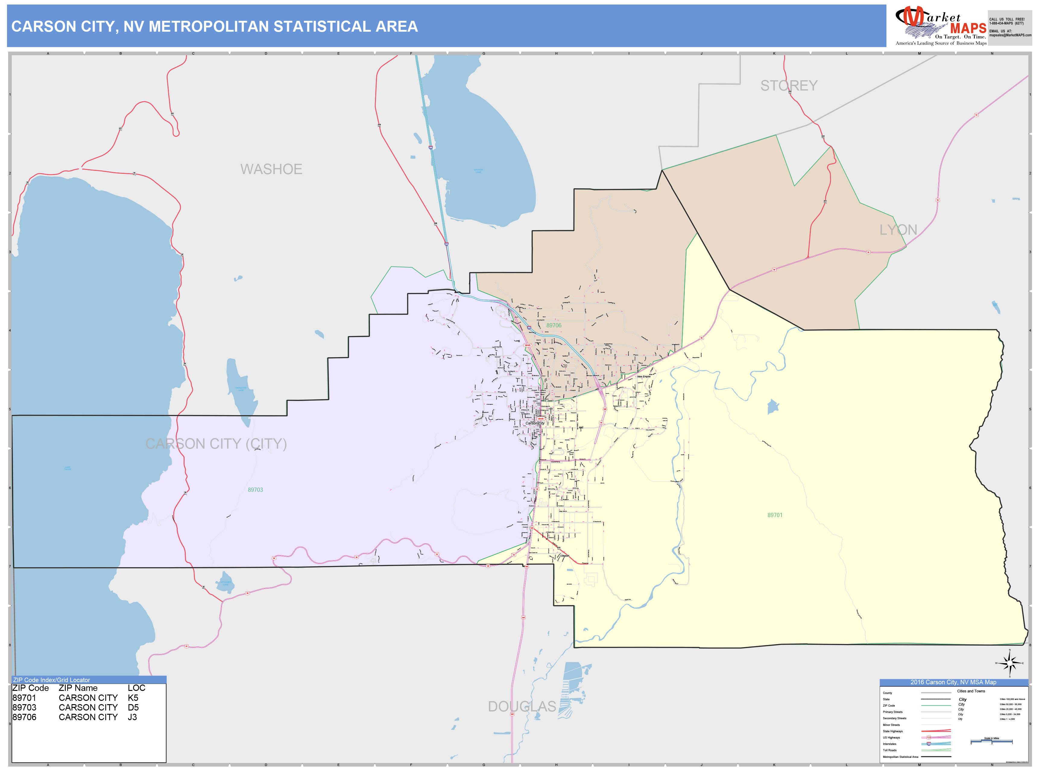 Carson City, NV Metro Area Wall Map Color Cast Style by MarketMAPS