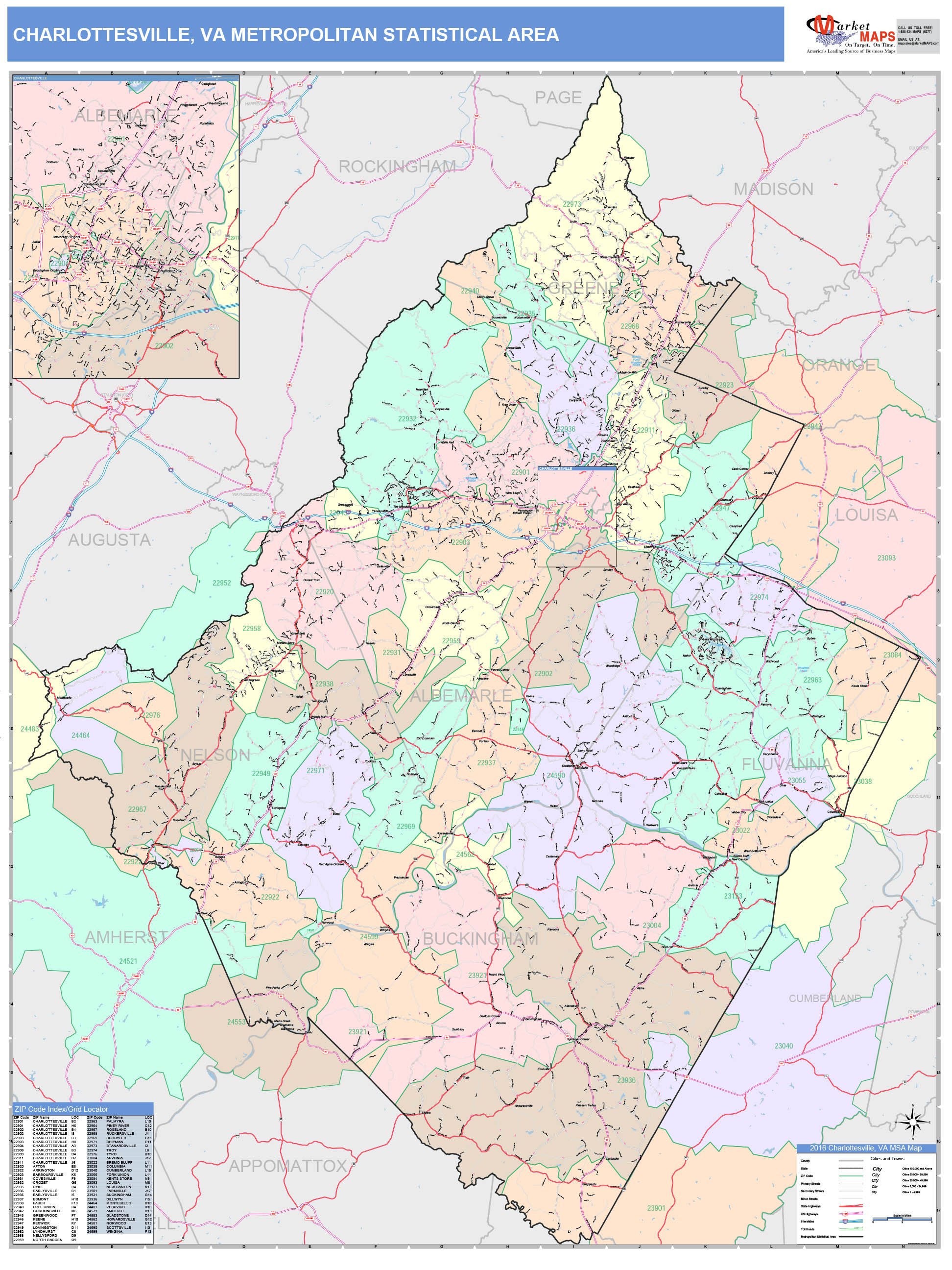 Charlottesville, VA Metro Area Wall Map Color Cast Style by MarketMAPS