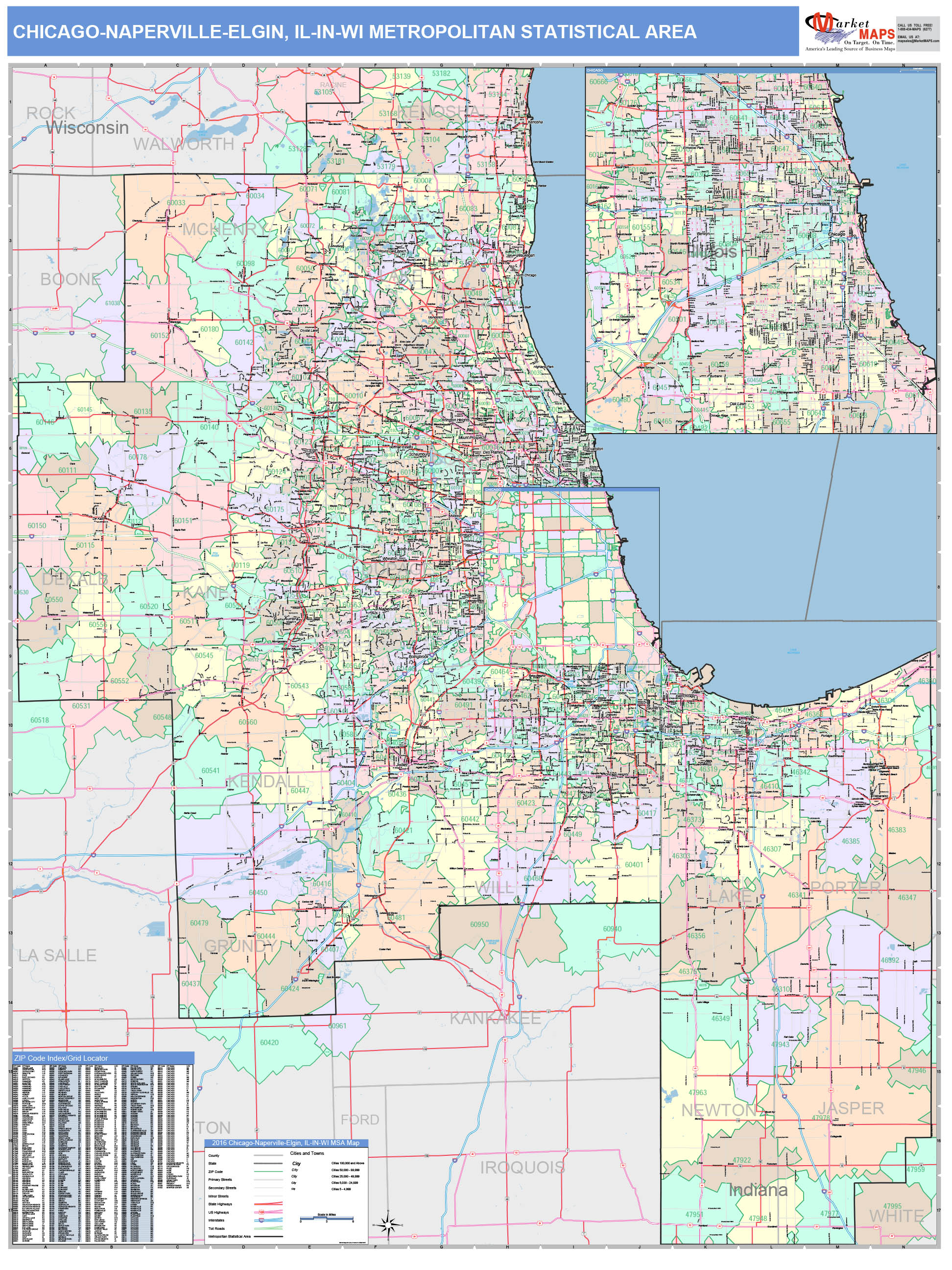 Chicago-Naperville-Elgin, IL Metro Area Wall Map Color Cast Style by ...