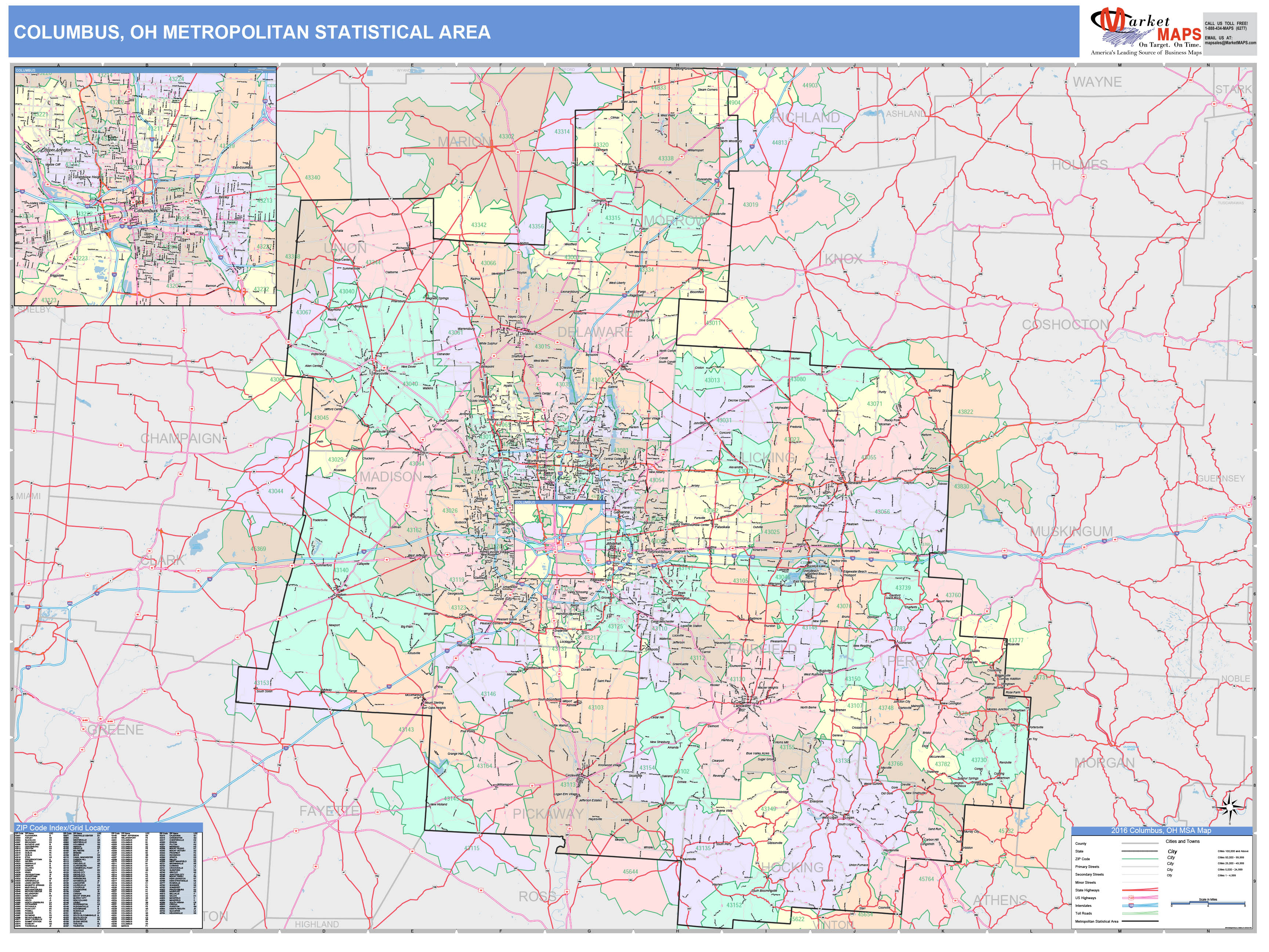 Columbus, OH Metro Area Wall Map Color Cast Style by MarketMAPS - MapSales