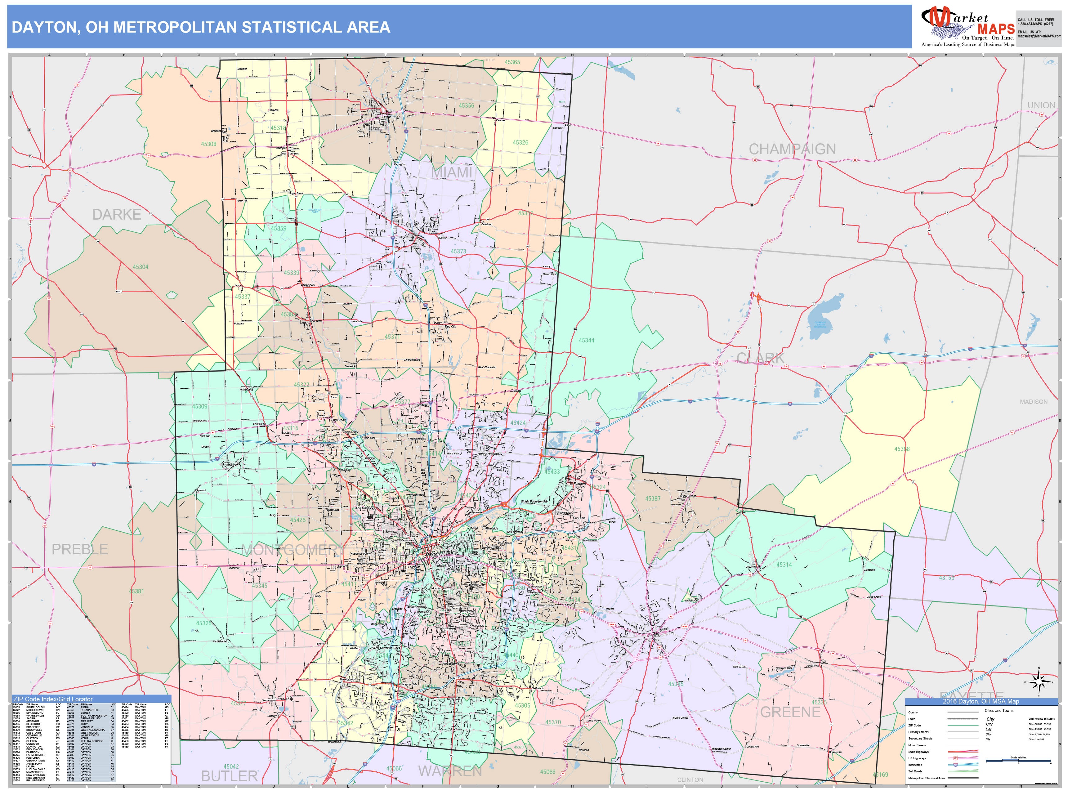 Dayton, OH Metro Area Wall Map Color Cast Style by MarketMAPS MapSales