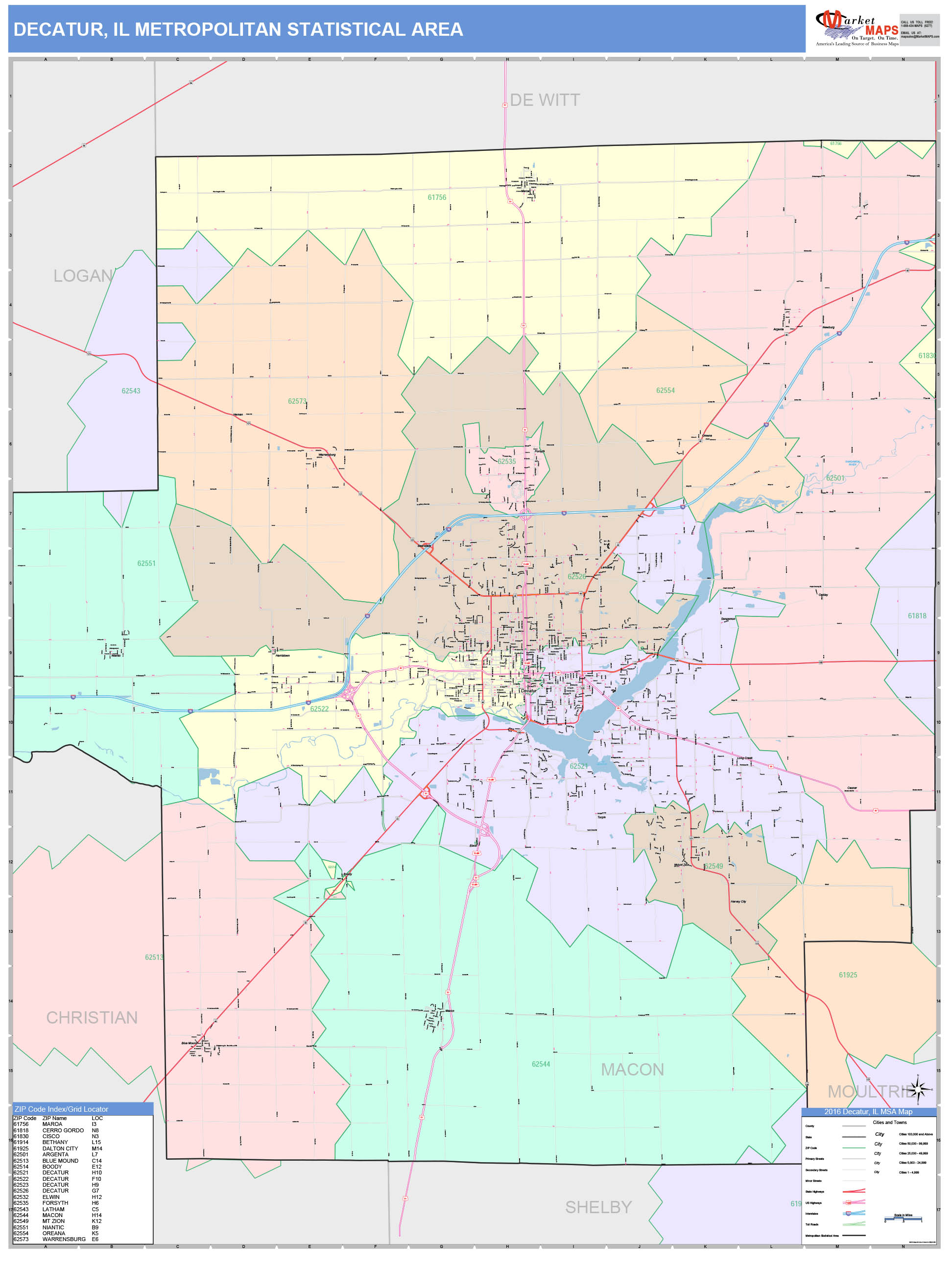 Decatur, IL Metro Area Wall Map Color Cast Style by MarketMAPS ...