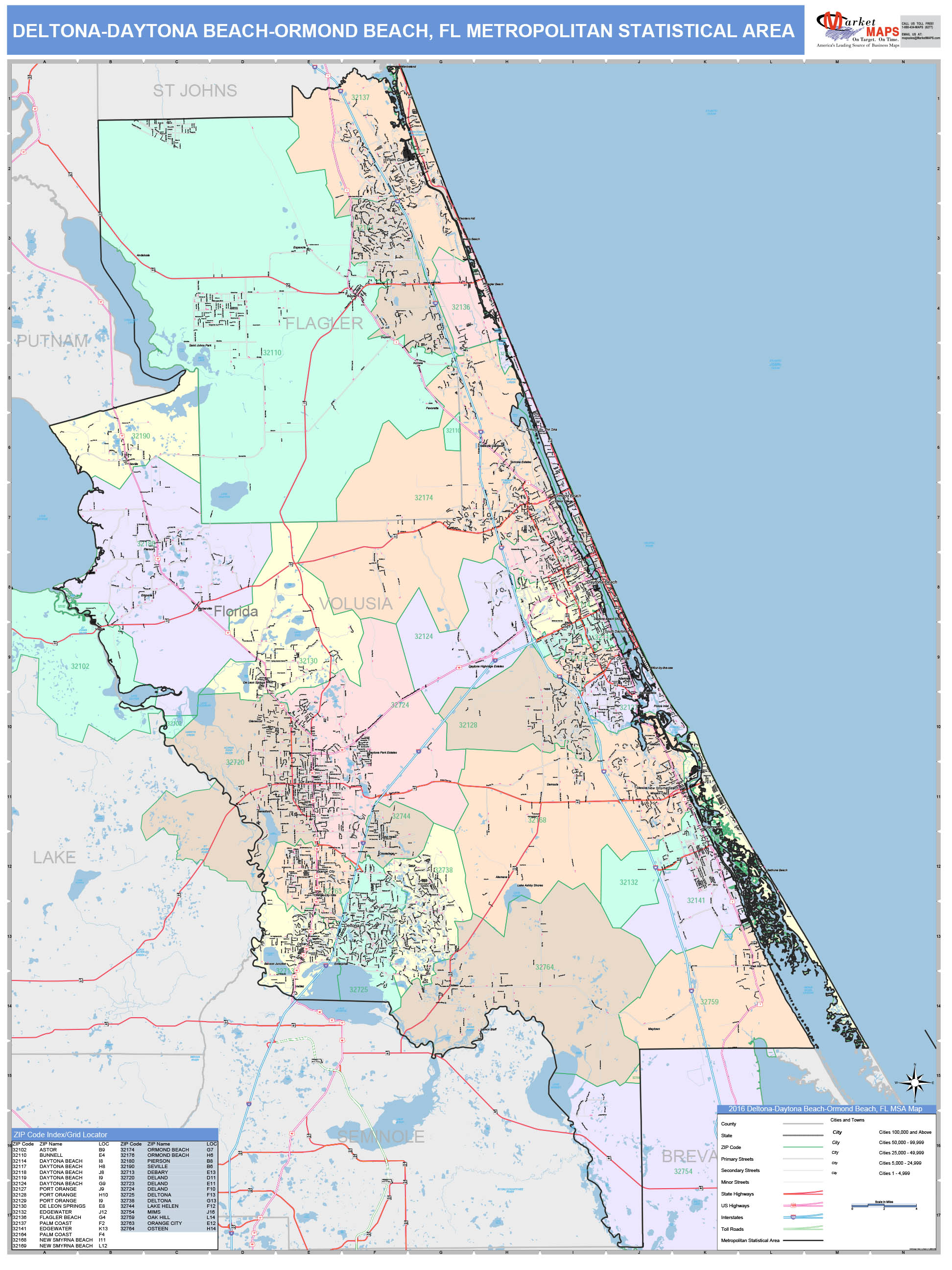 Deltona-Daytona Beach-Ormond Beach, FL Metro Area Wall Map Color Cast ...