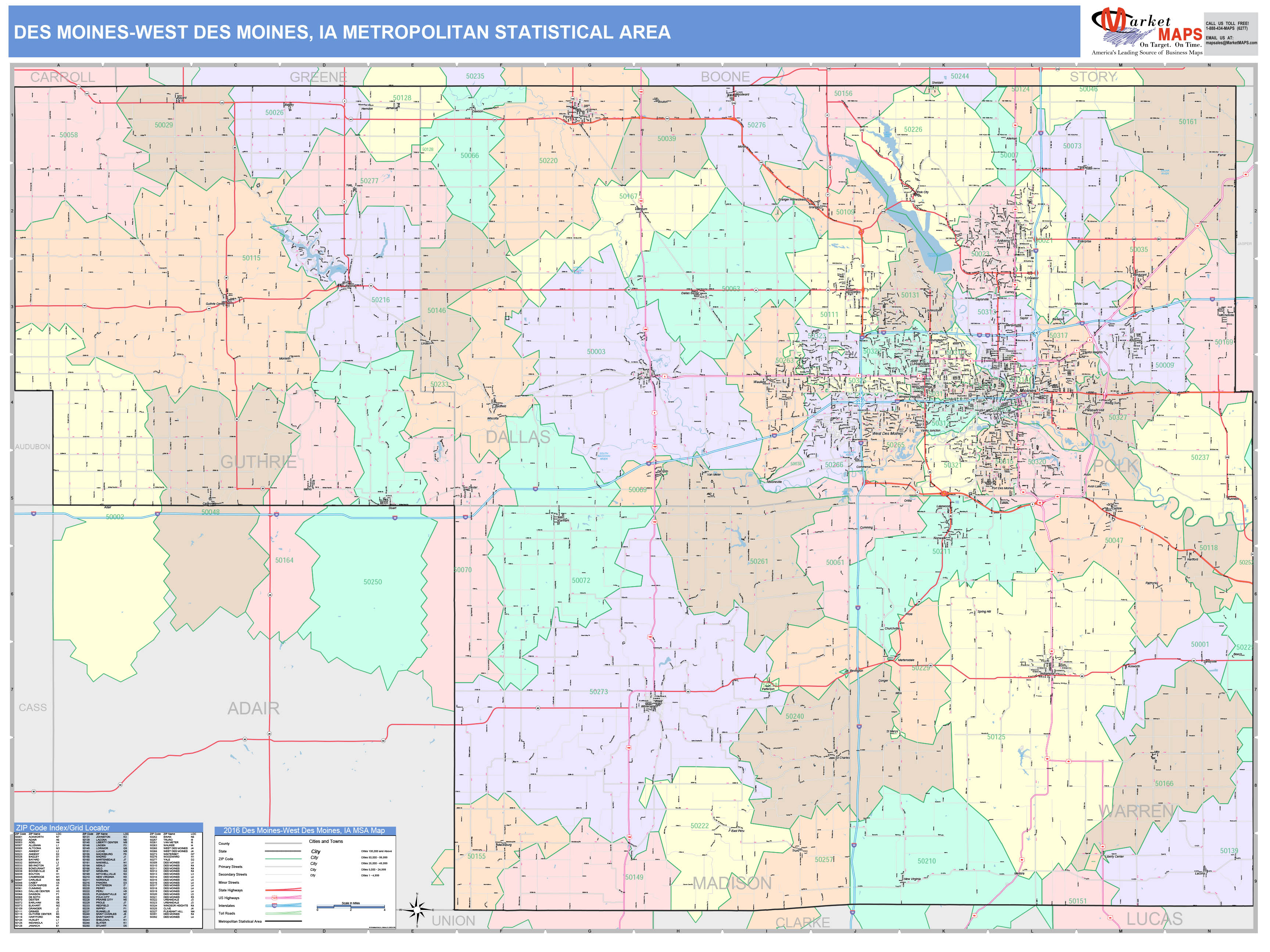 Des MoinesWest Des Moines, IA Metro Area Wall Map Color Cast Style by