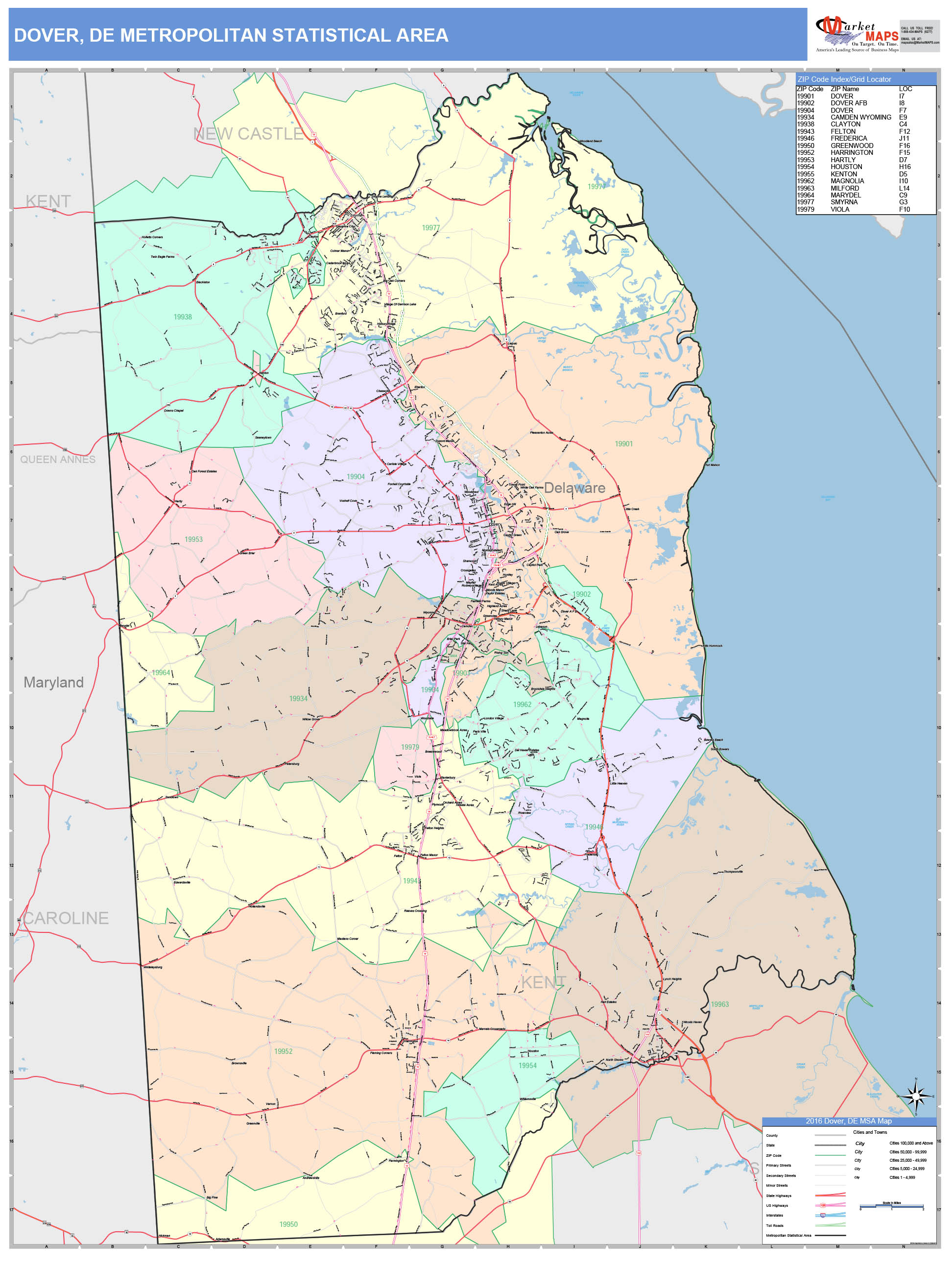 Dover, DE Metro Area Wall Map Color Cast Style by MarketMAPS - MapSales