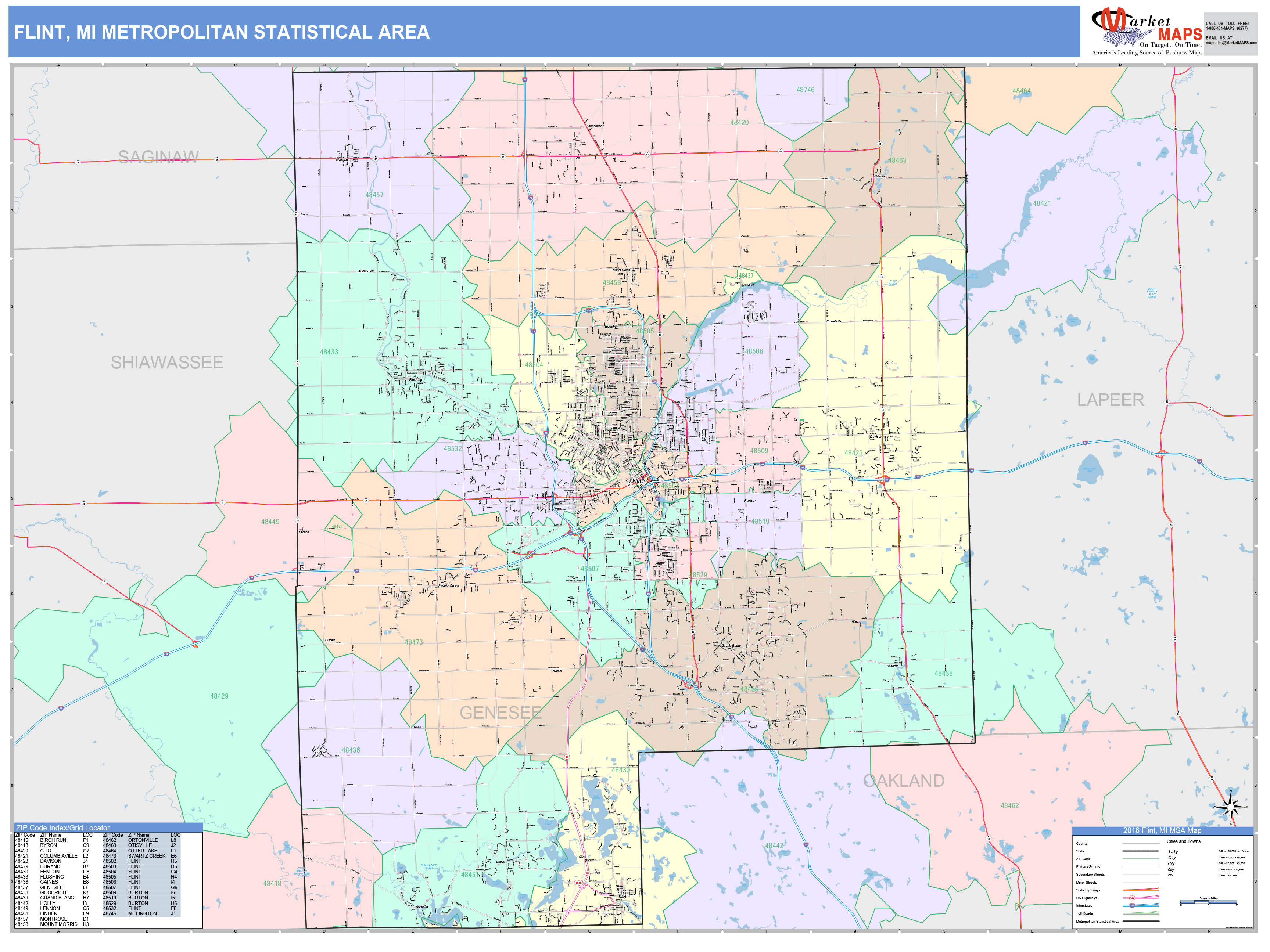 Flint, MI Metro Area Wall Map Color Cast Style by MarketMAPS - MapSales.com