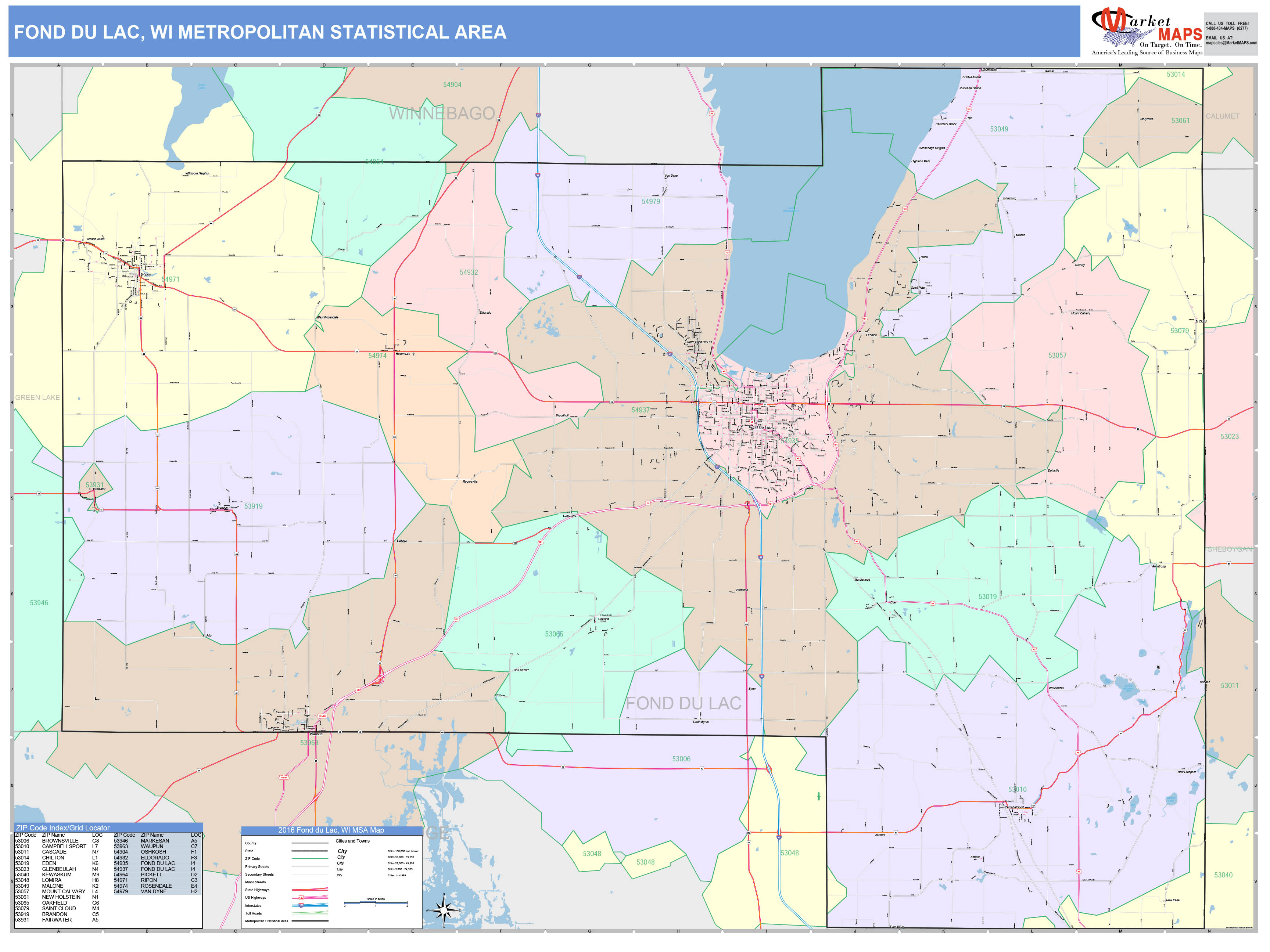 Fond du Lac, WI Metro Area Wall Map Color Cast Style by MarketMAPS