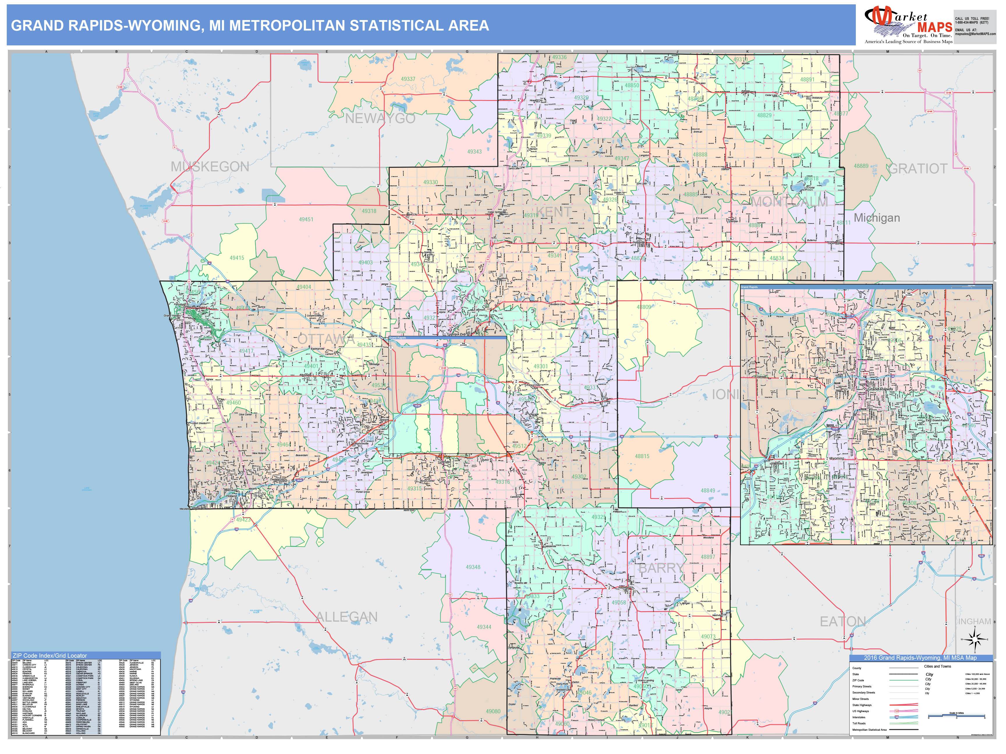 Grand Rapids-Wyoming, MI Metro Area Wall Map Color Cast Style by MarketMAPS