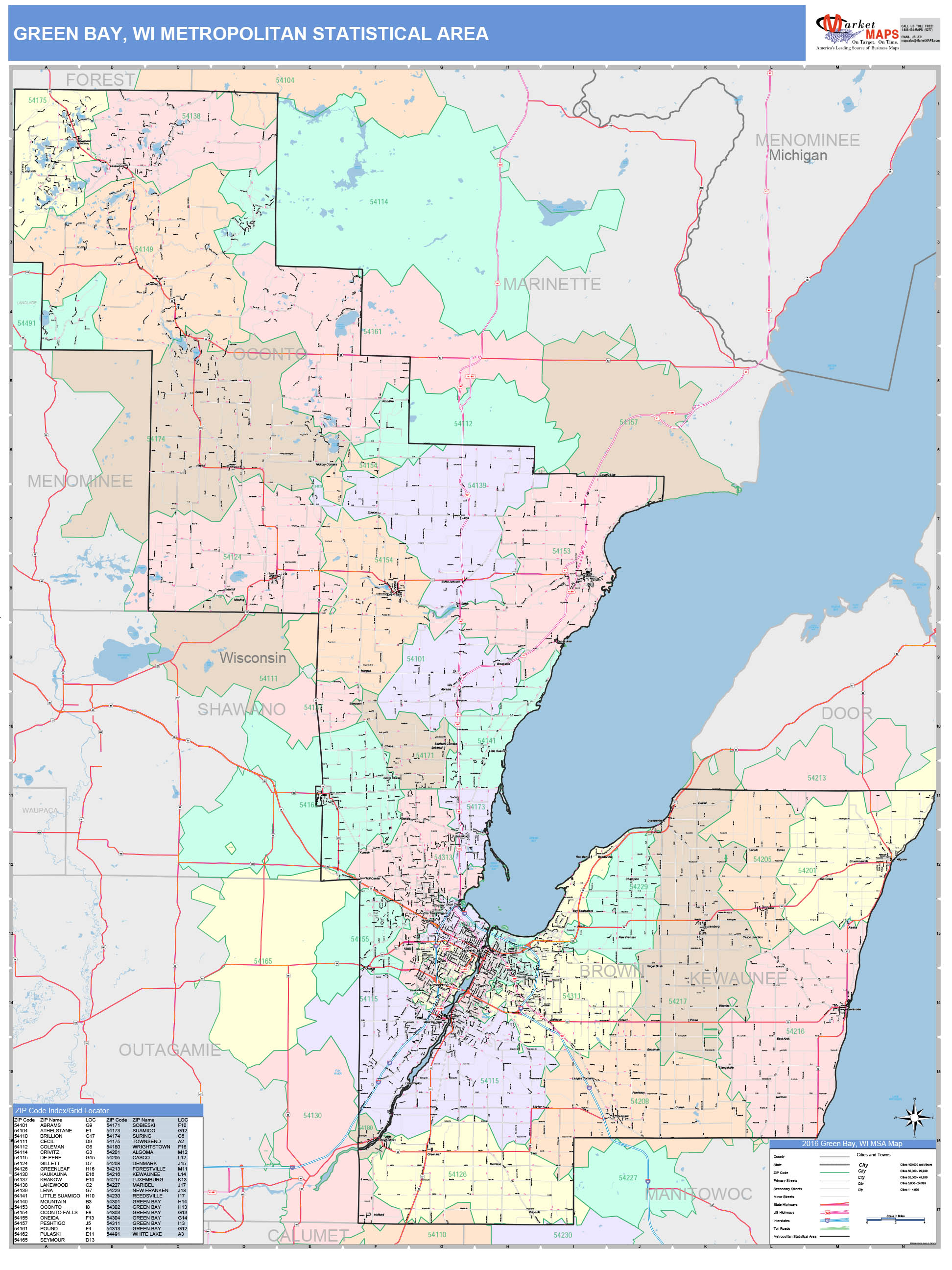 Green Bay, WI Metro Area Wall Map Color Cast Style by MarketMAPS - MapSales