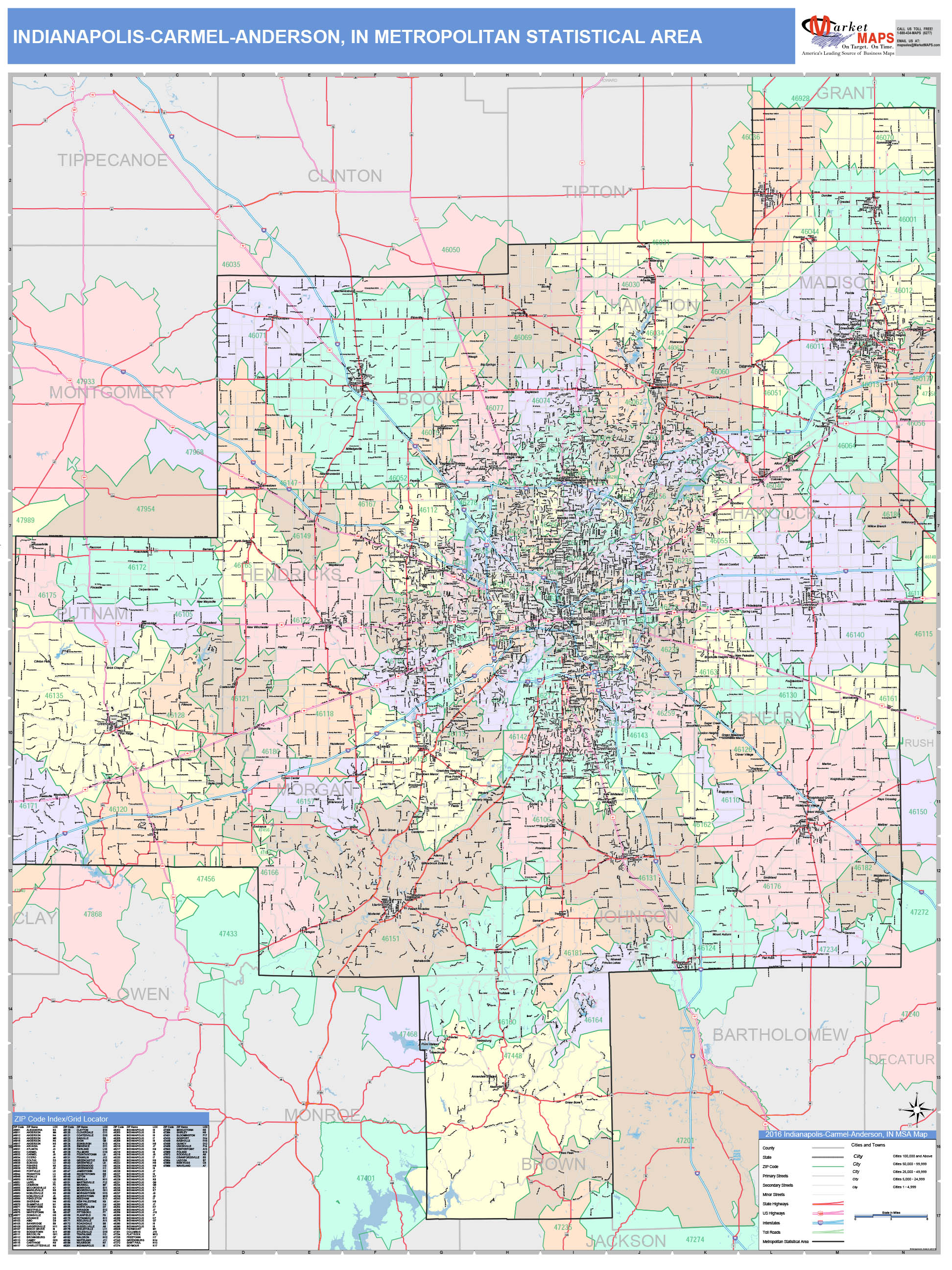 Indianapolis-Carmel-Anderson, IN Metro Area Wall Map Color Cast Style ...