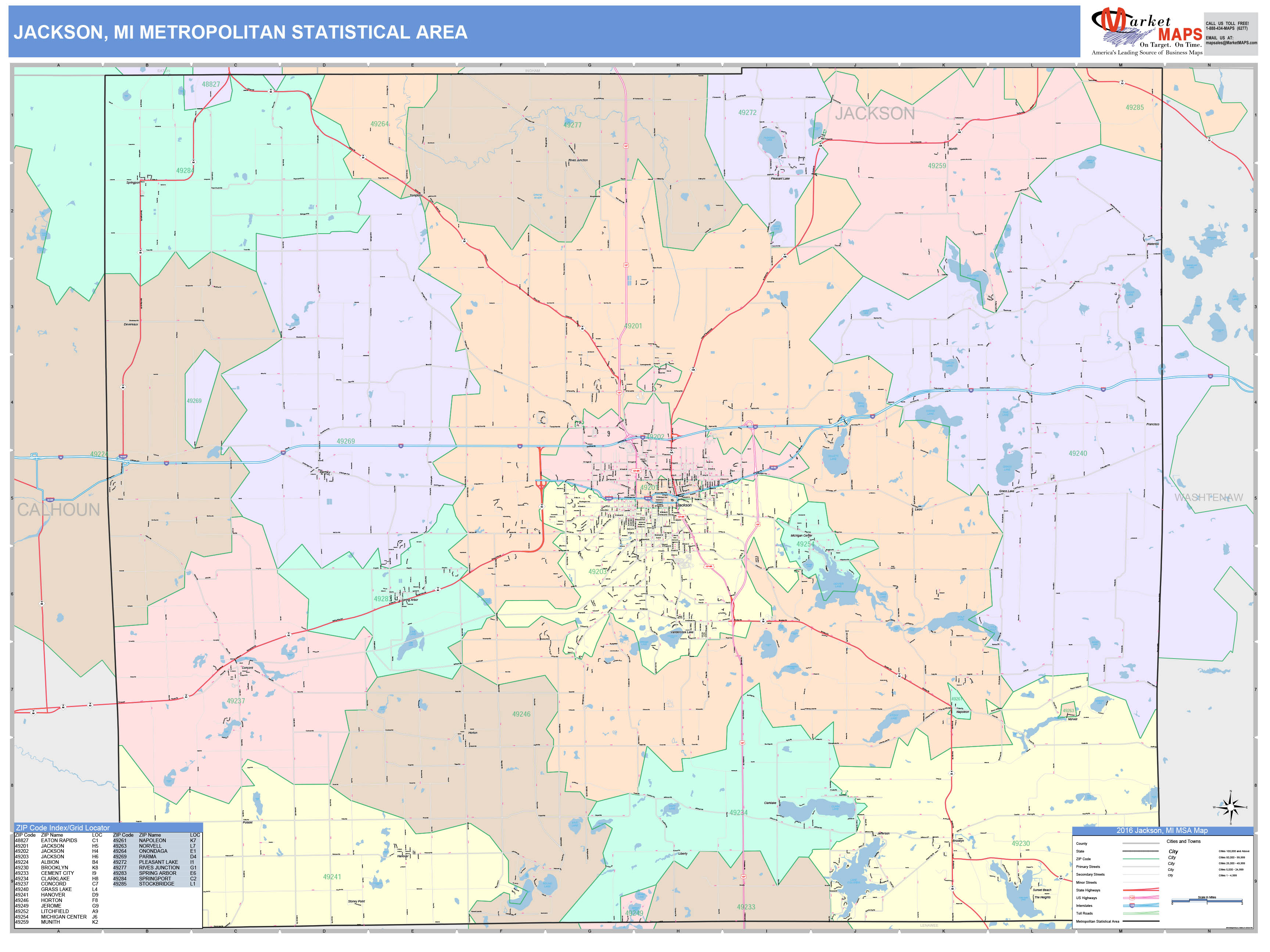 Jackson, MI Metro Area Wall Map Color Cast Style by MarketMAPS ...