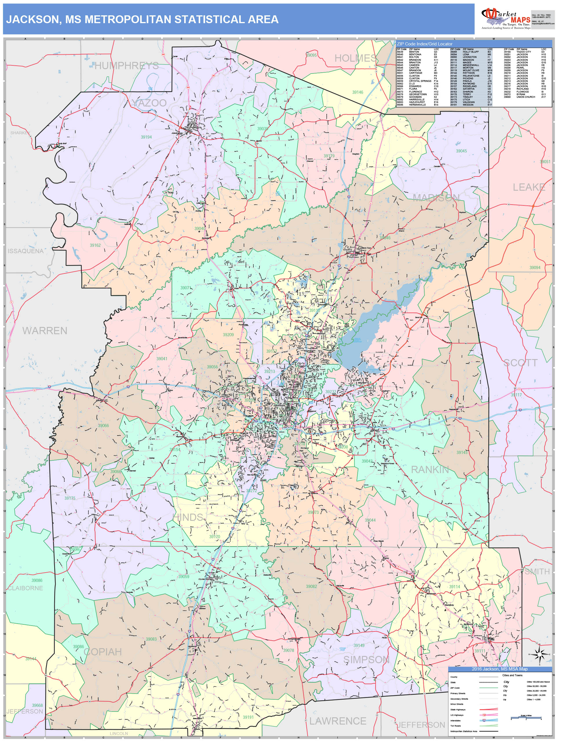 Jackson, MS Metro Area Wall Map Color Cast Style by MarketMAPS