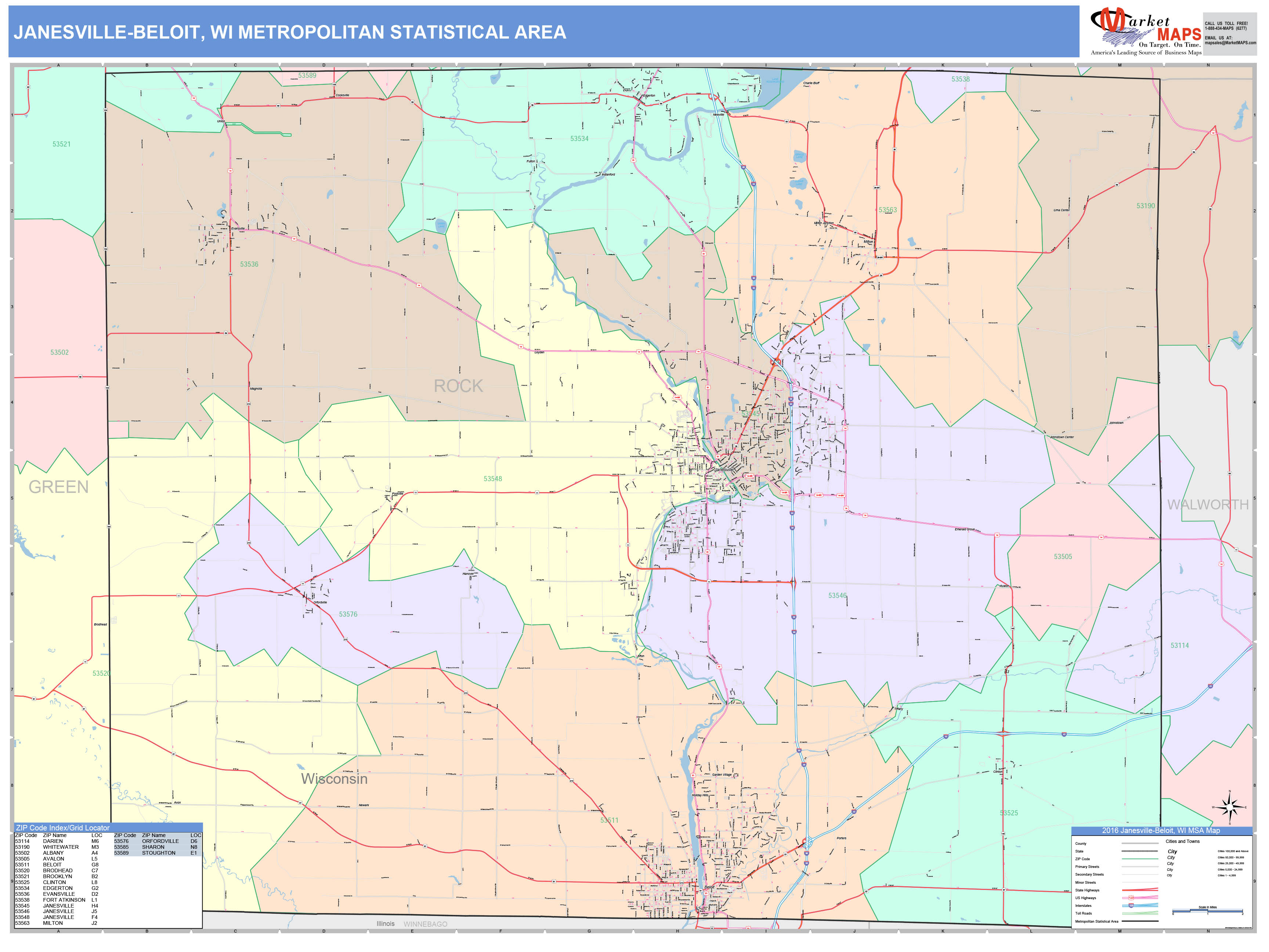 Janesville-Beloit, WI Metro Area Wall Map Color Cast Style by MarketMAPS