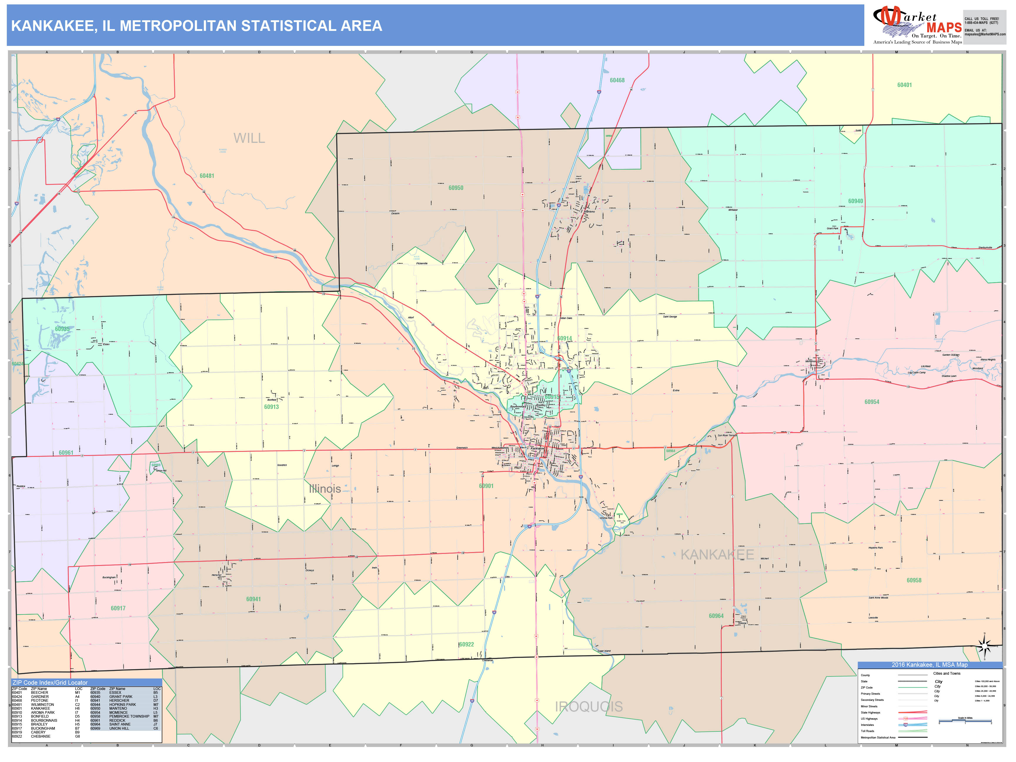 Kankakee Il Metro Area Wall Map Color Cast Style By Marketmaps Mapsales 