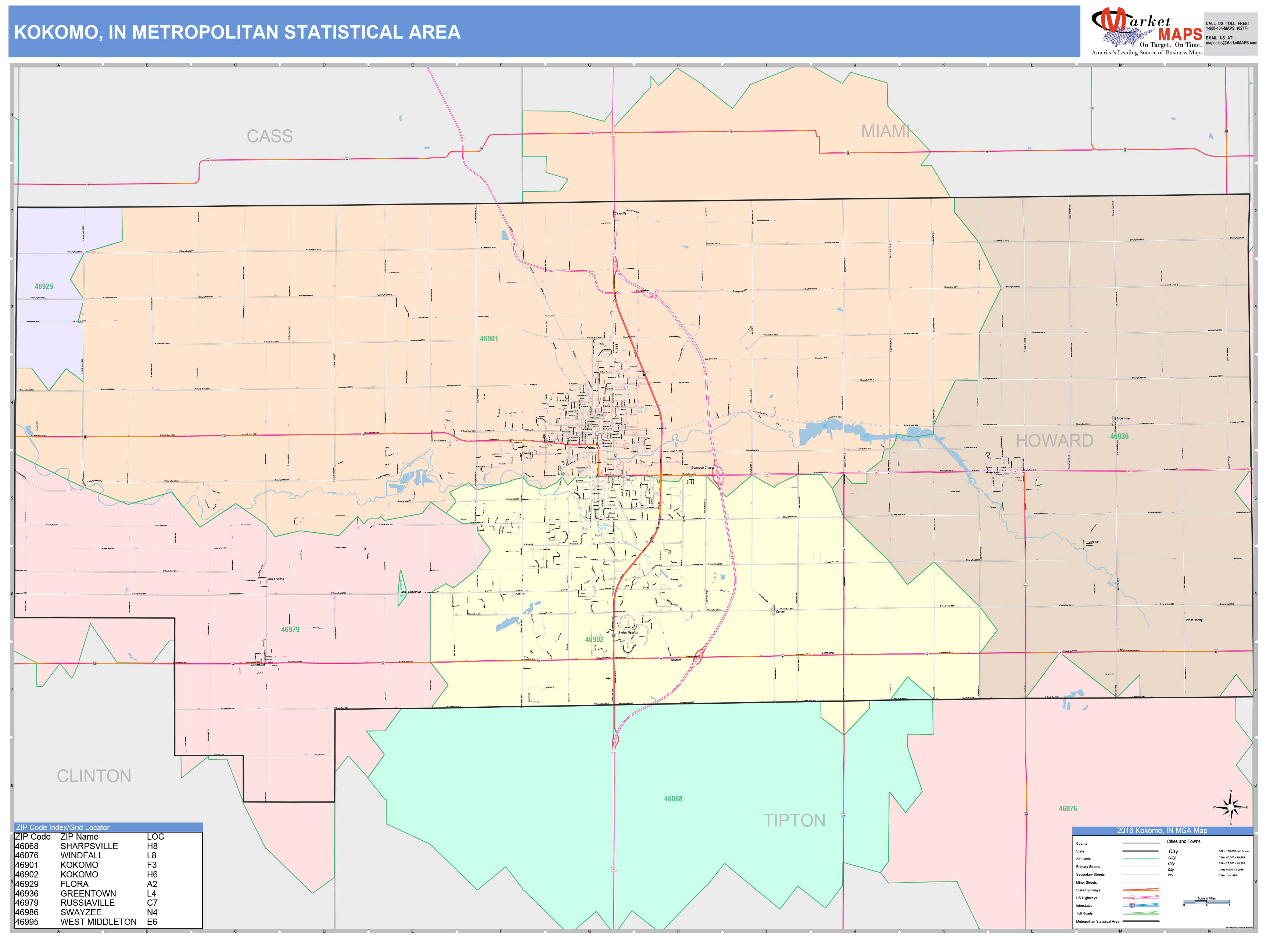 Kokomo, IN Metro Area Wall Map Color Cast Style by MarketMAPS ...