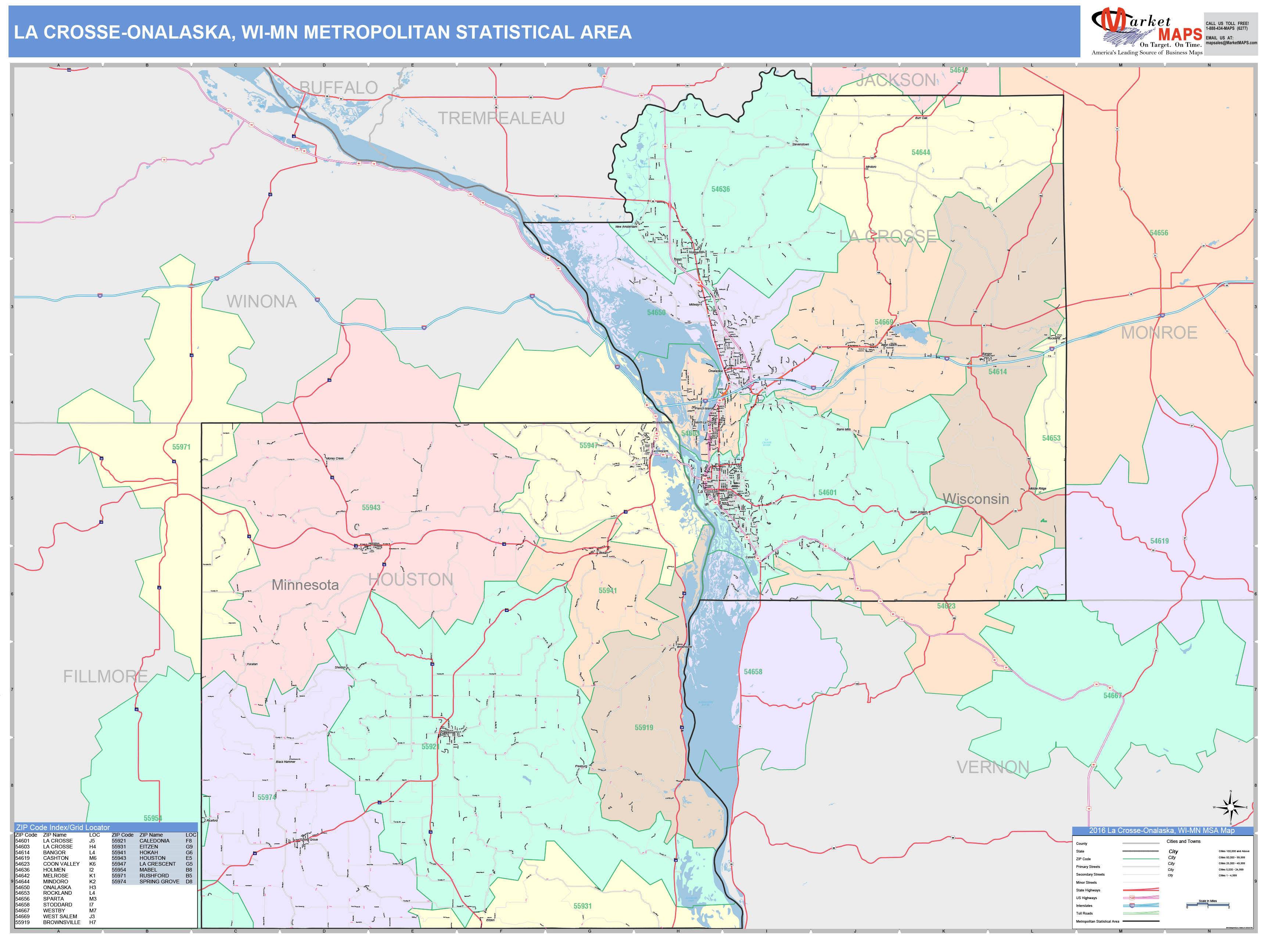 La Crosse-Onalaska, WI Metro Area Wall Map Color Cast Style by MarketMAPS