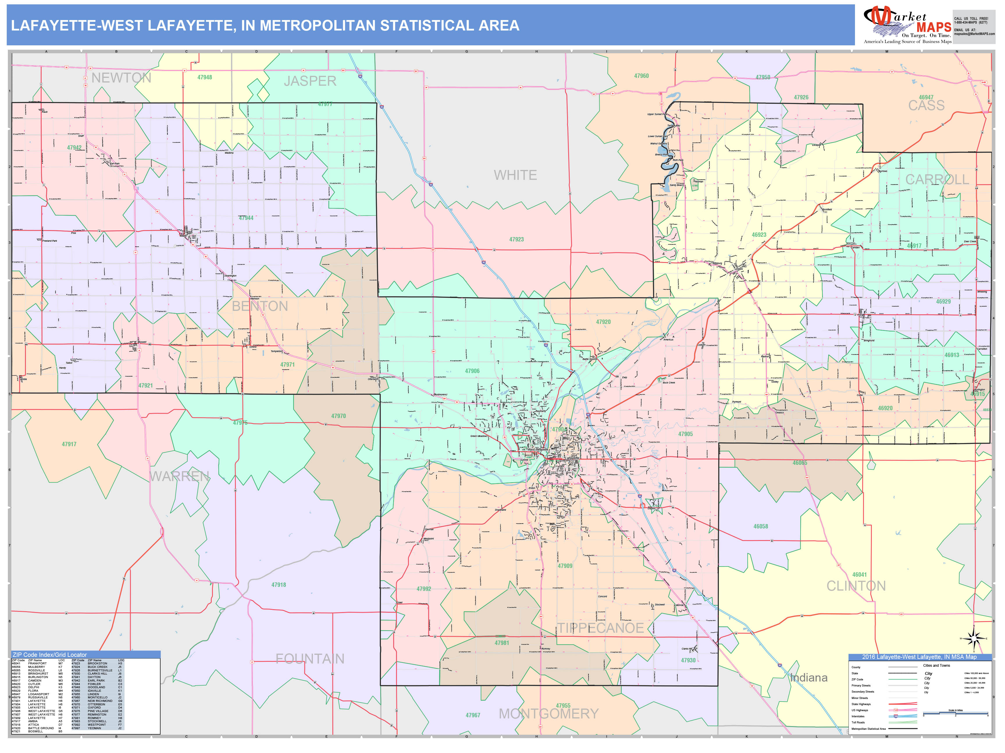 LafayetteWest Lafayette, IN Metro Area Wall Map Color Cast Style by