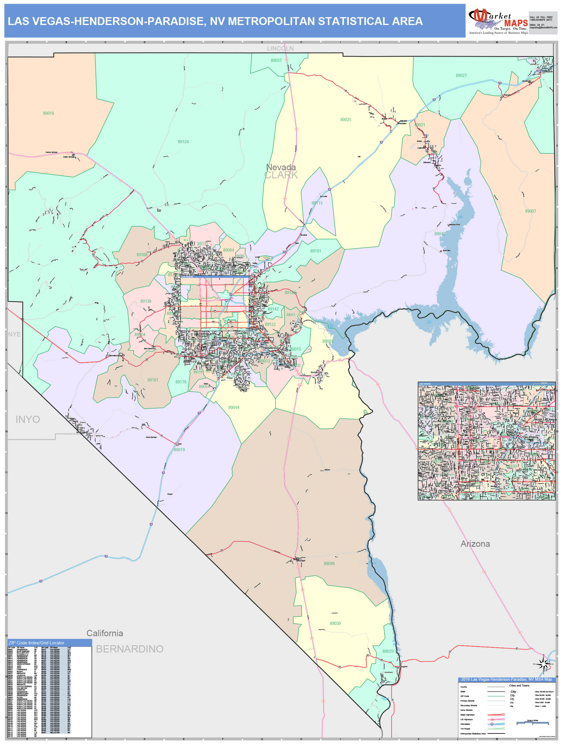 Las Vegas Henderson Paradise Nv Metro Area Wall Map Color Cast Style