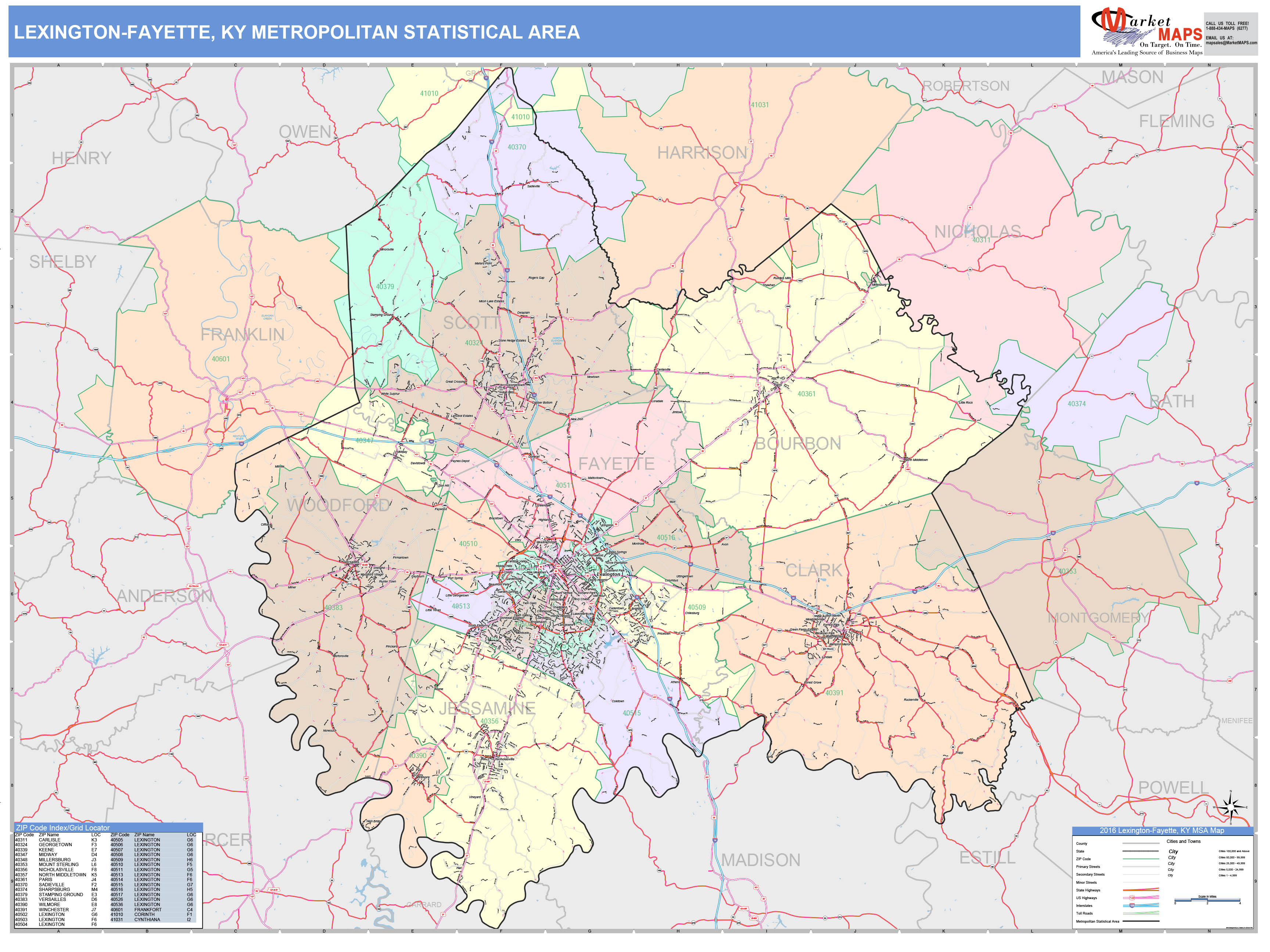 Lexington-Fayette, KY Metro Area Wall Map Color Cast Style by ...