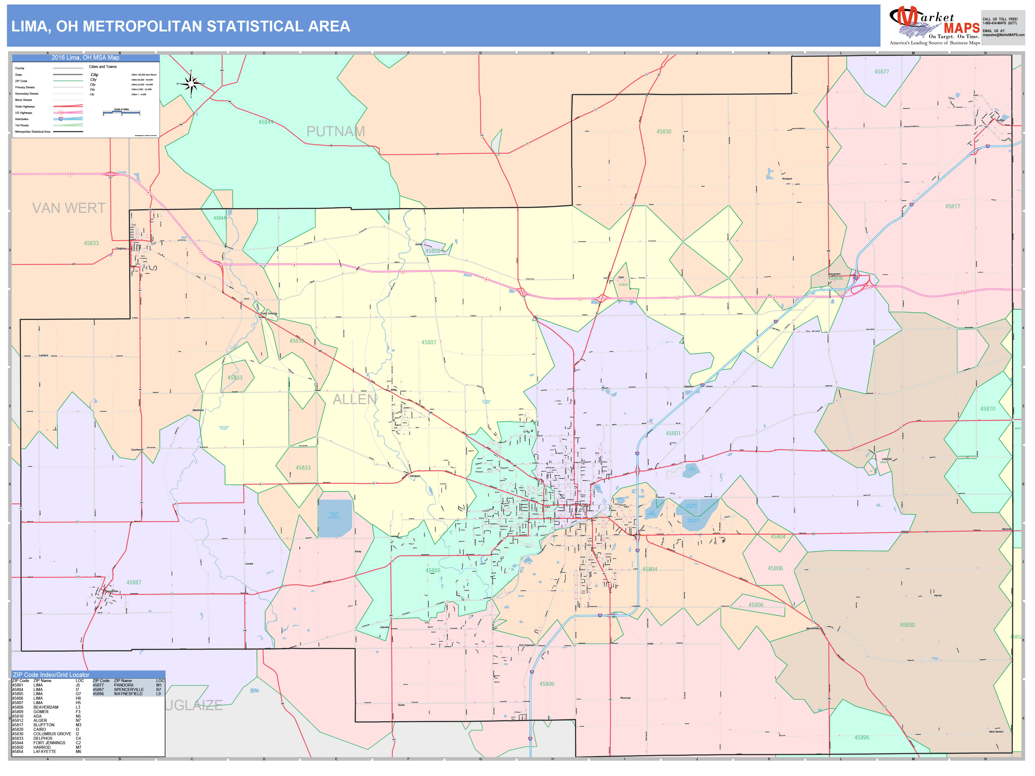 Lima, OH Metro Area Wall Map Color Cast Style by MarketMAPS - MapSales.com