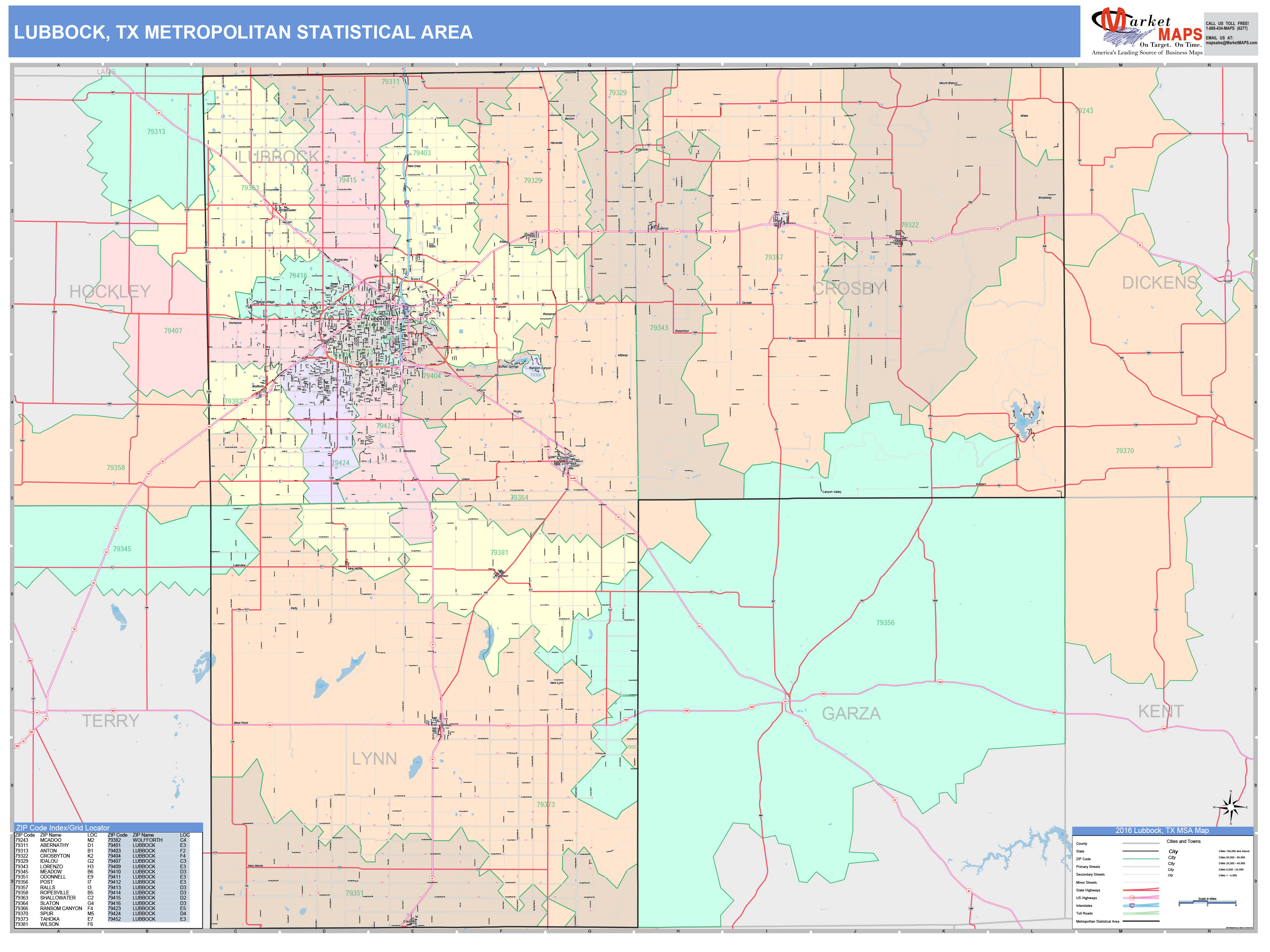 Lubbock, TX Metro Area Wall Map Color Cast Style by MarketMAPS MapSales