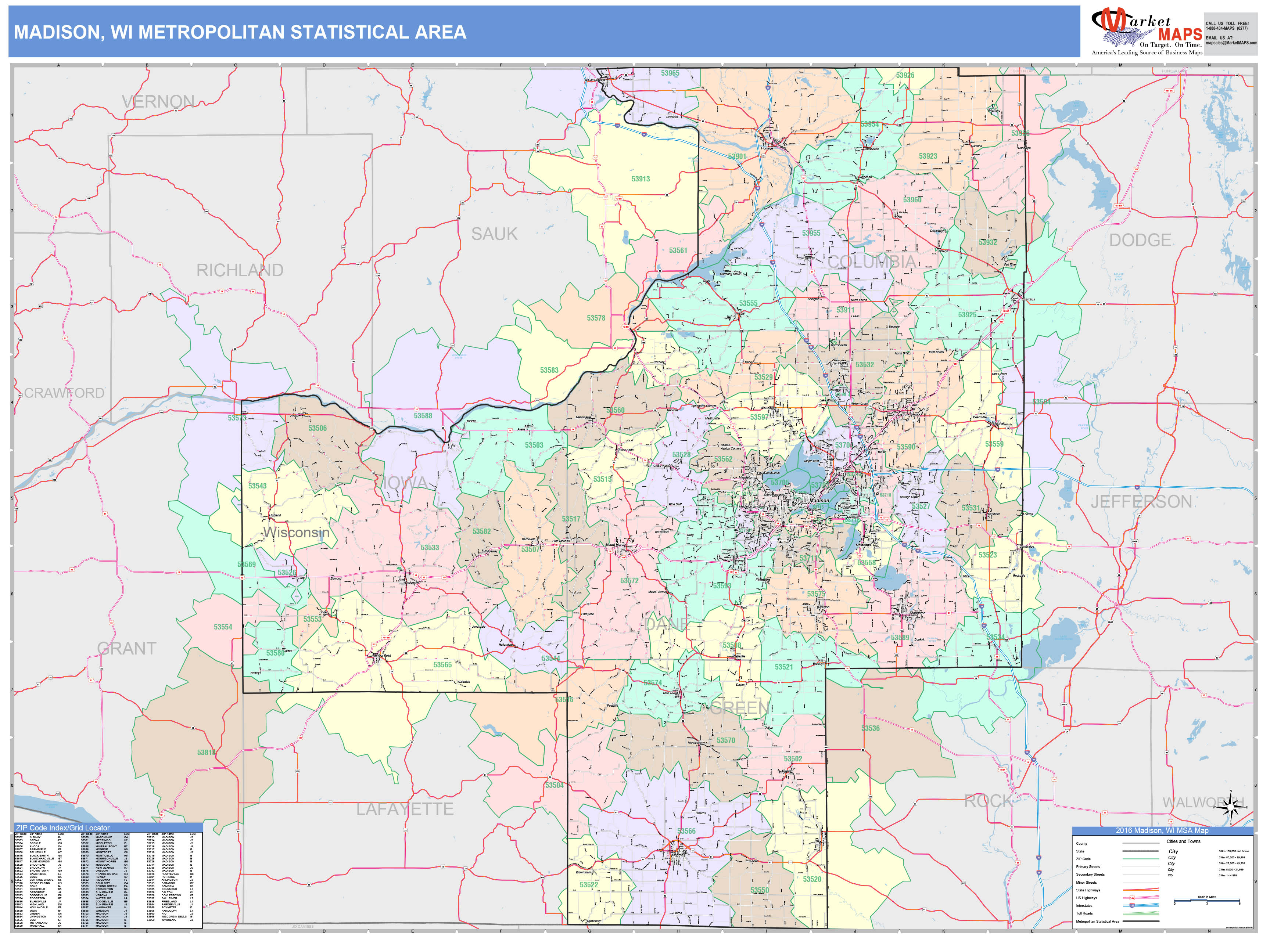 Madison, WI Metro Area Wall Map Color Cast Style by MarketMAPS ...