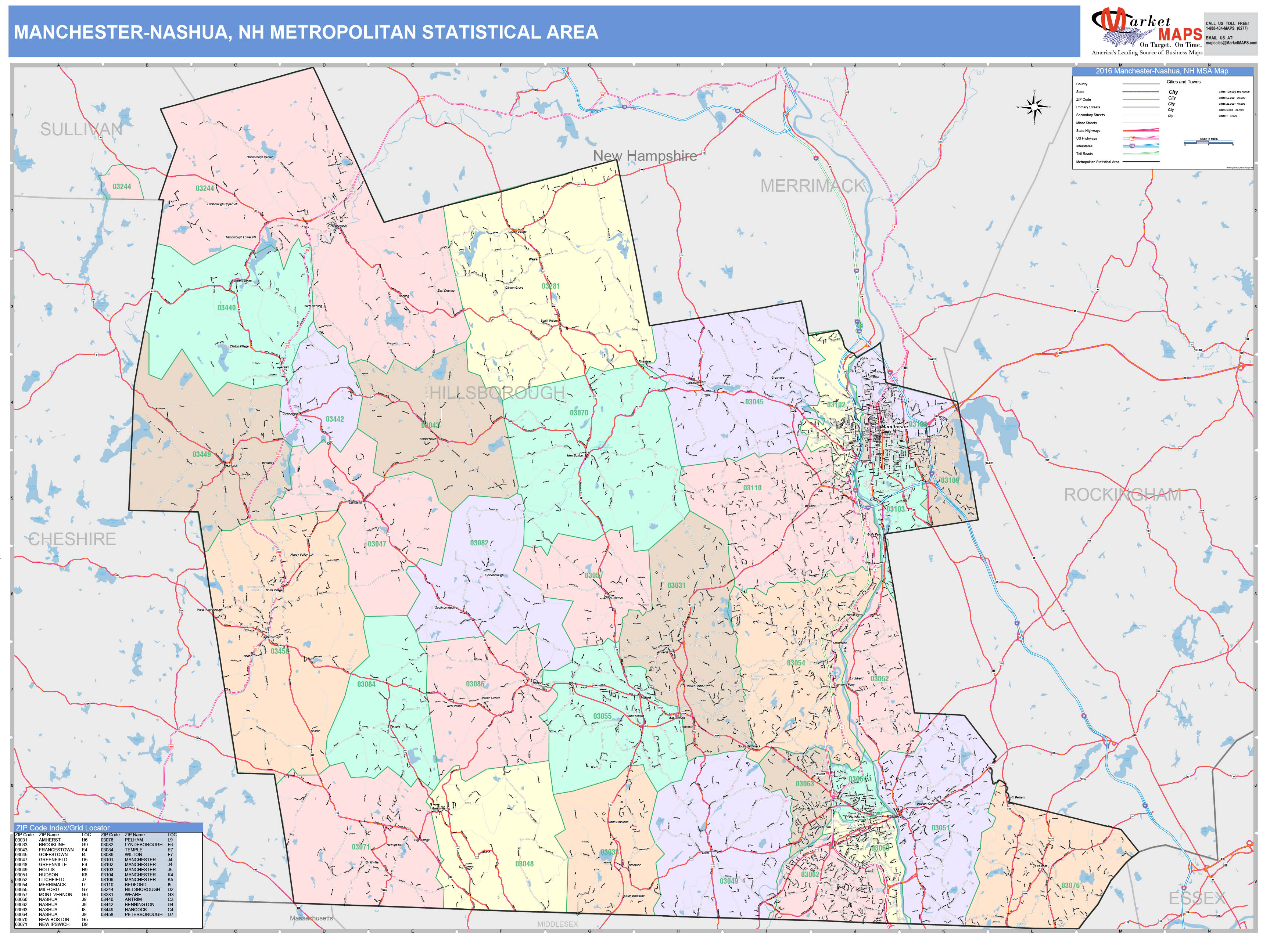 Manchester-Nashua, NH Metro Area Wall Map Color Cast Style by ...