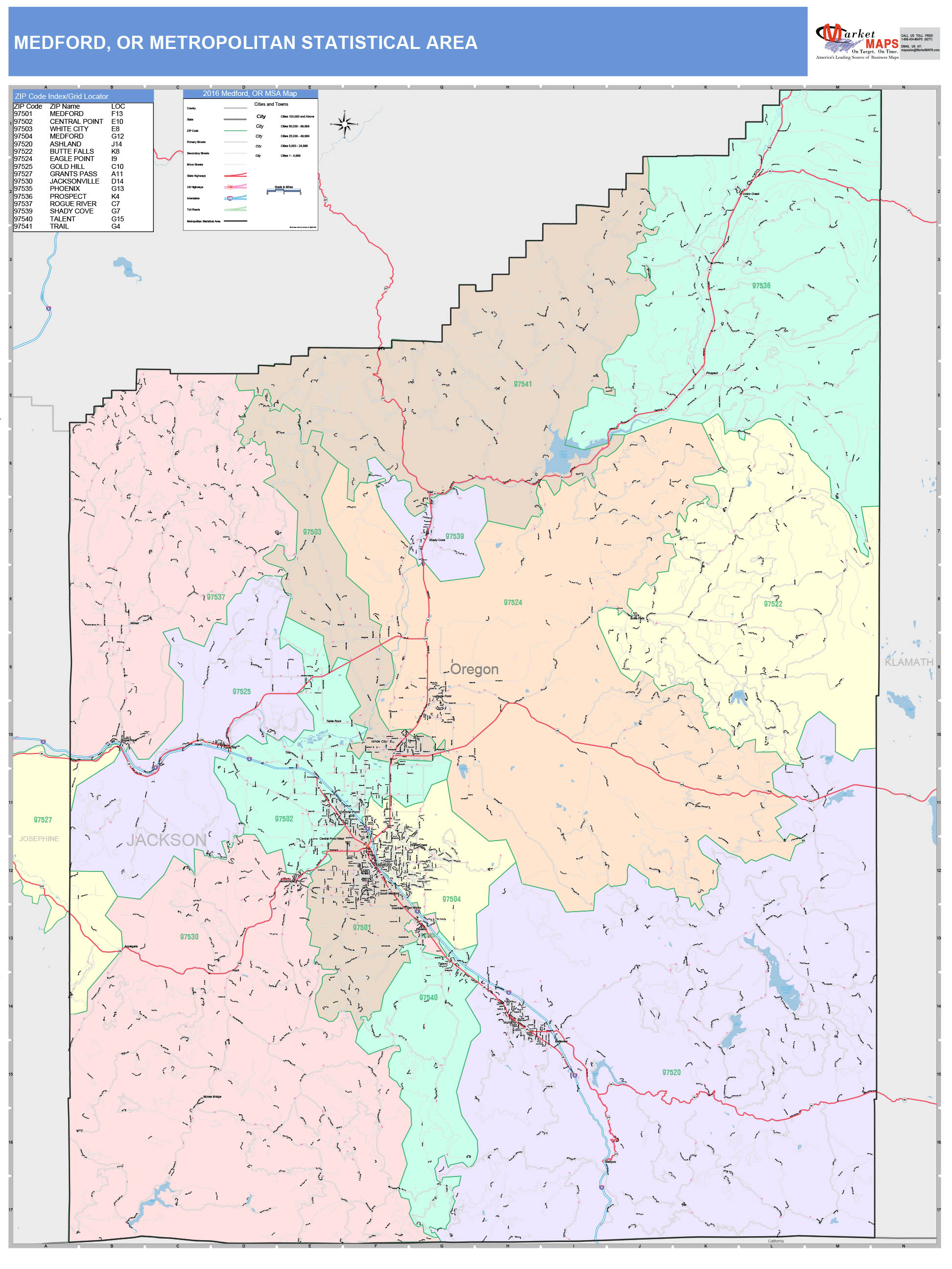Medford, OR Metro Area Wall Map Color Cast Style by MarketMAPS MapSales