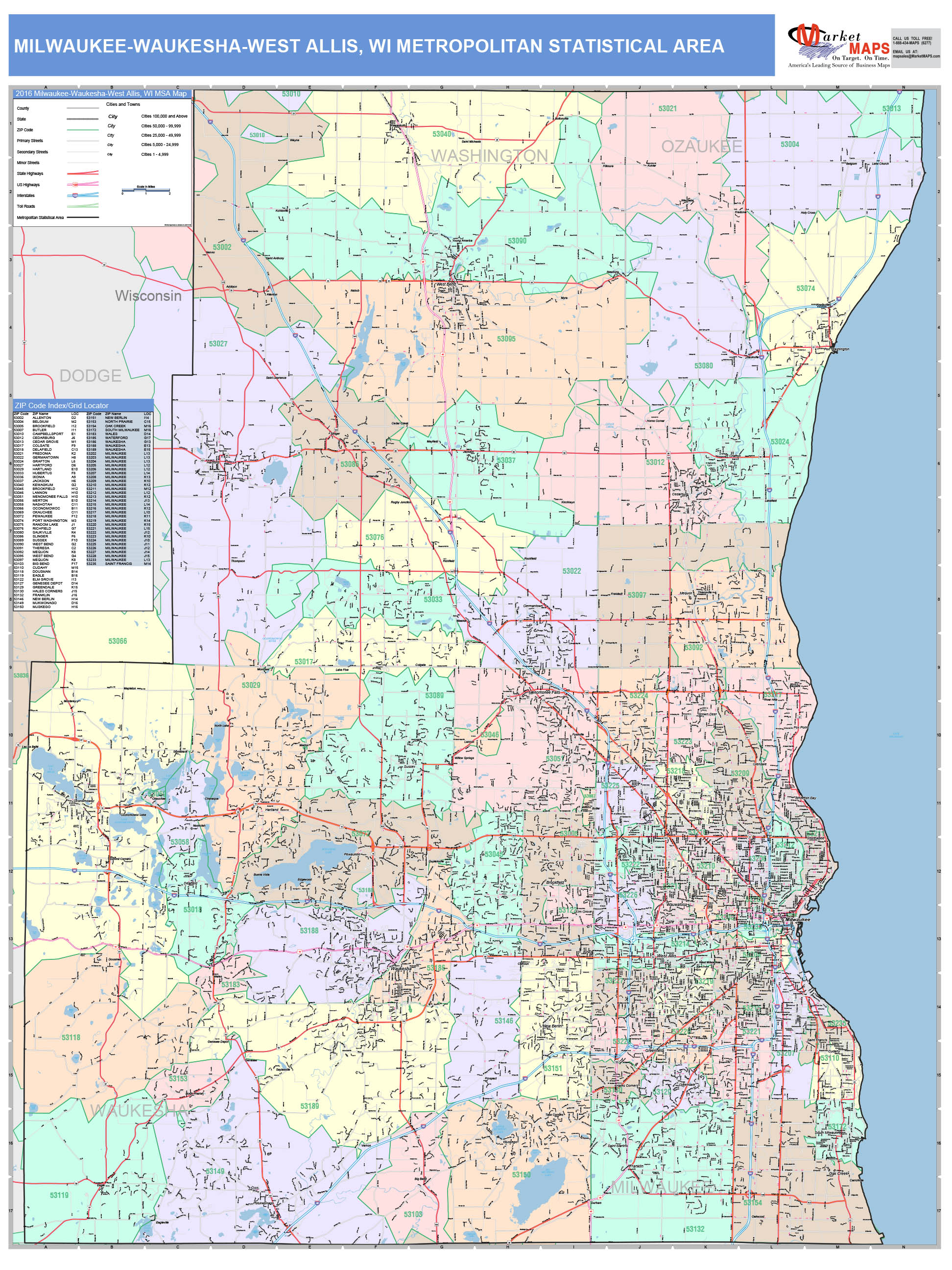 Milwaukee-Waukesha-West Allis, WI Metro Area Wall Map Color Cast Style ...